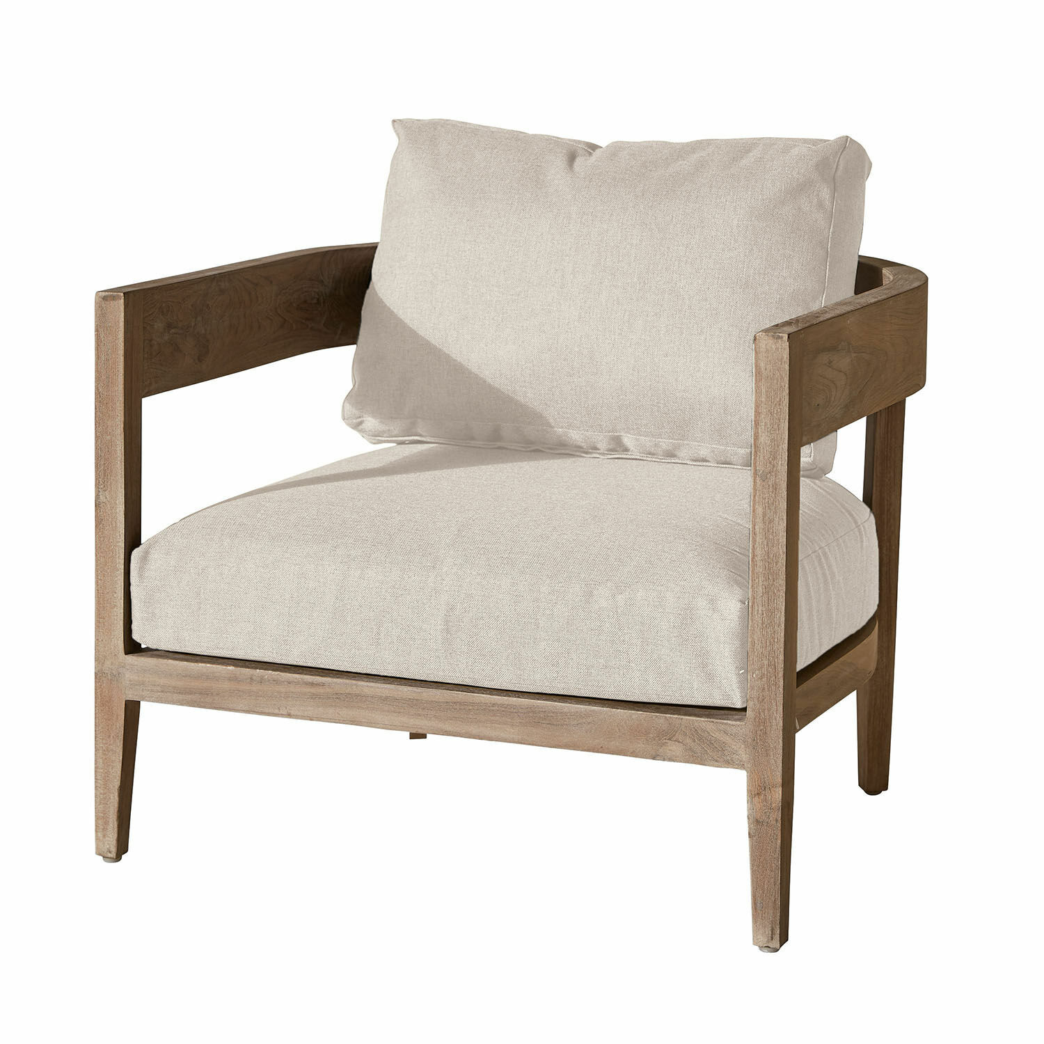 crème/marron Fauteuil Courtelevant en tissu crème avec cadre en bois brun, meuble moderne pour salon
