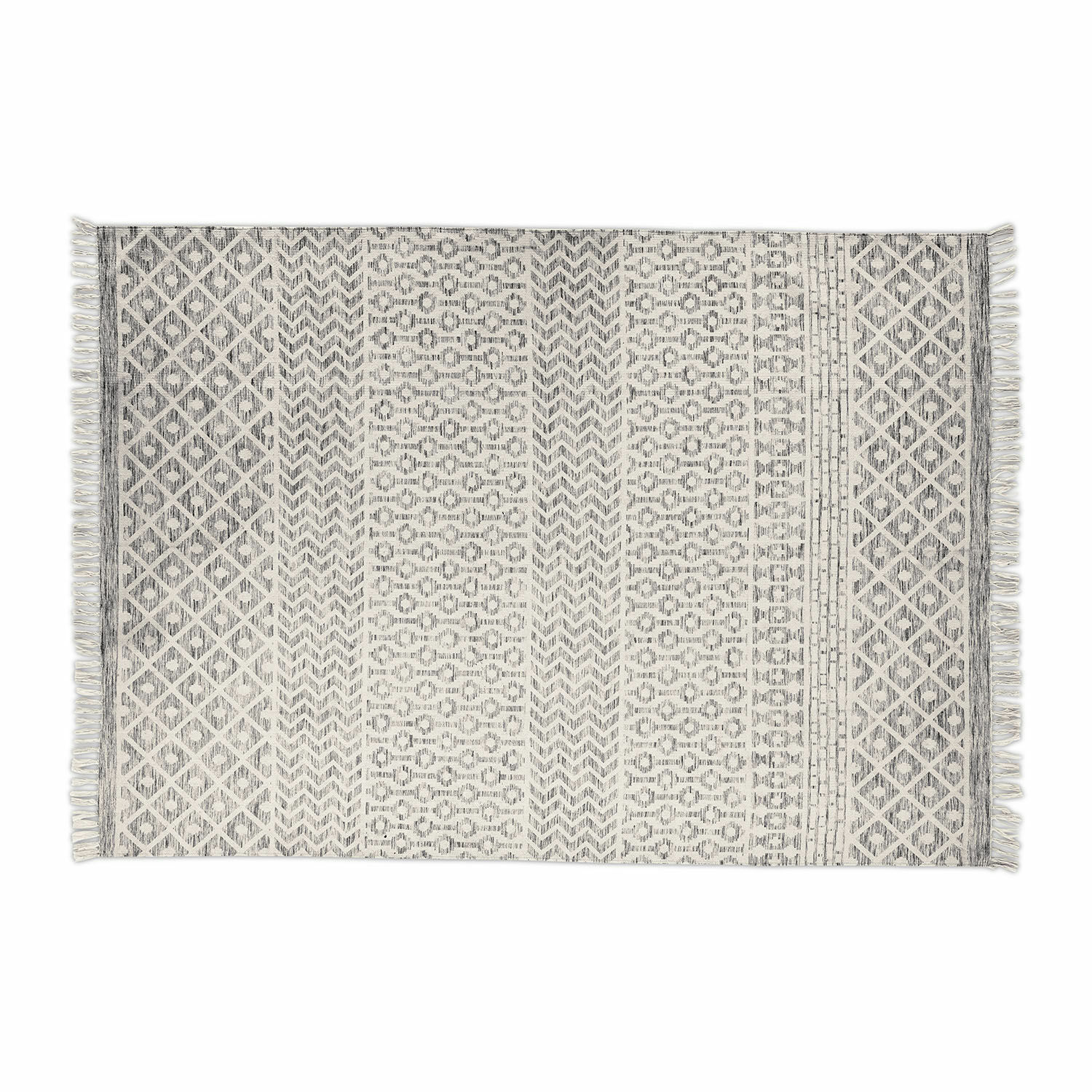 Tapis d'intérieur et d'extérieur Champigny Tapis en coton gris et blanc à motifs géométriques avec franges, décoration intérieure et sol