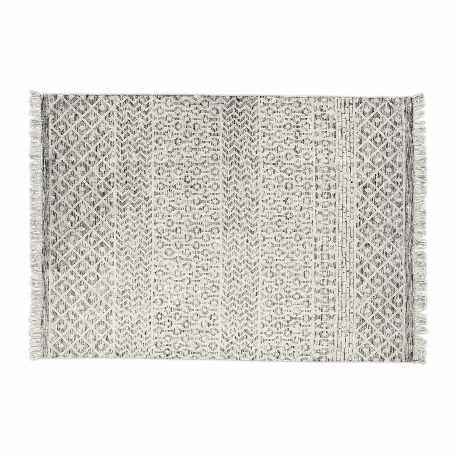 Tapis d'intérieur et d'extérieur Champigny Tapis en coton gris et blanc à motifs géométriques avec franges, décoration intérieure et sol