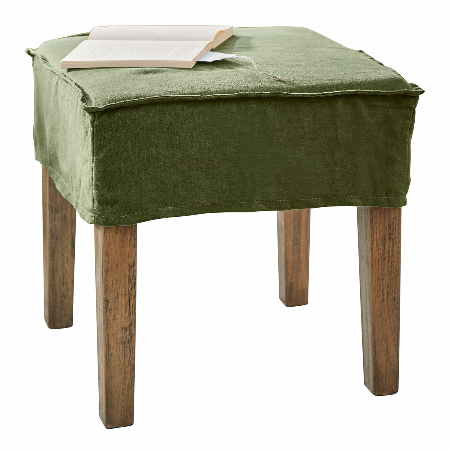 vert Tabouret Vionnique vert en lin avec pieds en bois, parfait pour salon et décoration intérieure