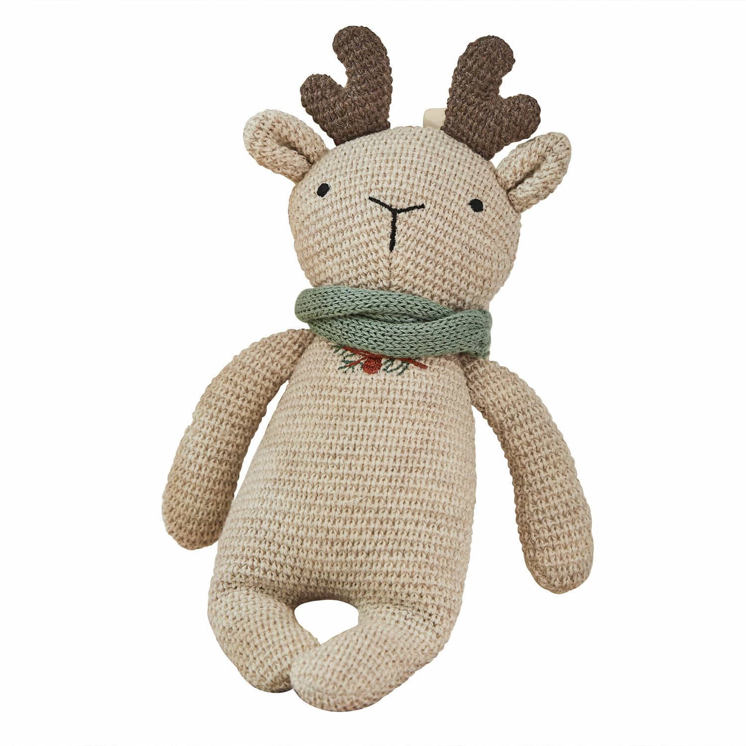 Peluche Papillia Jouet renne tricoté beige avec écharpe verte, décoration douce pour enfants