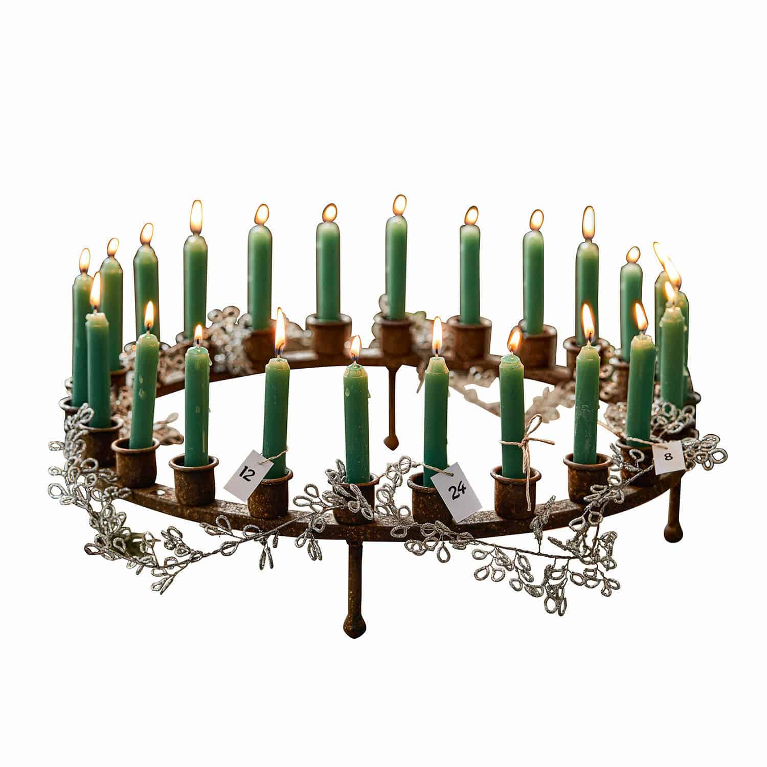 Couronne à bougies Margarit Couronne de l'Avent en métal avec bougies vertes et décorations argentées en forme de branches