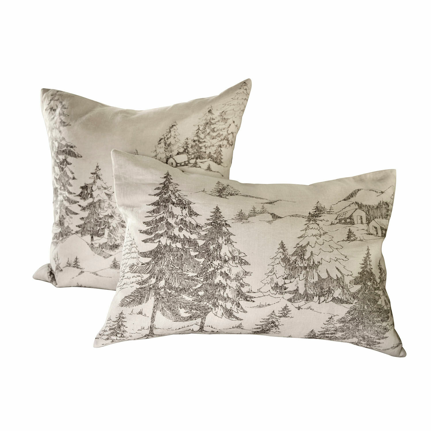 Lot de 2 housses de coussins Fabrielle Ensemble de deux coussins en lin beige avec motif paysage forestier, coussins décoratifs pour salon