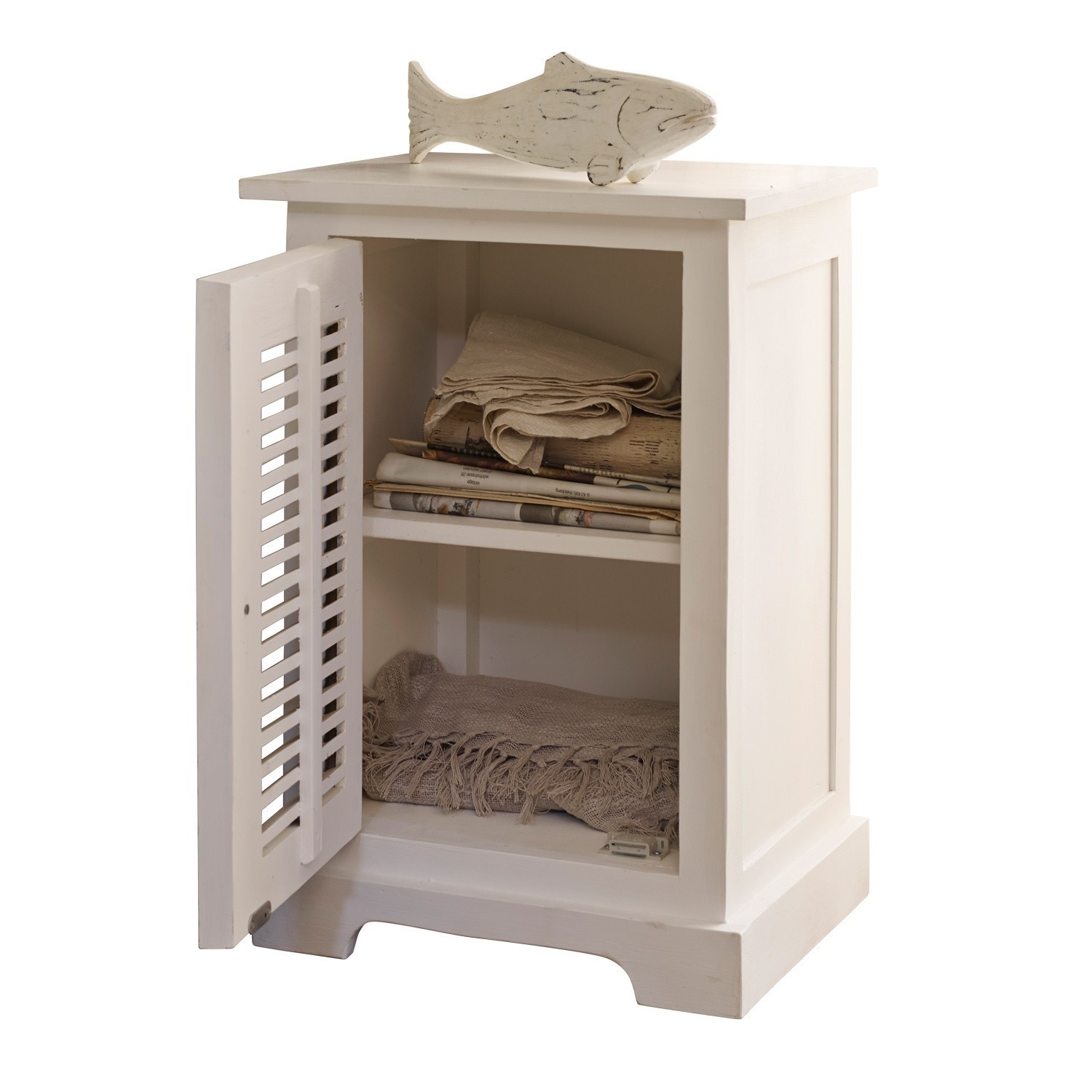 Table de nuit Wiliston Armoire blanche en bois avec porte ouverte et décoration poisson sur le dessus, tissus à l'intérieur