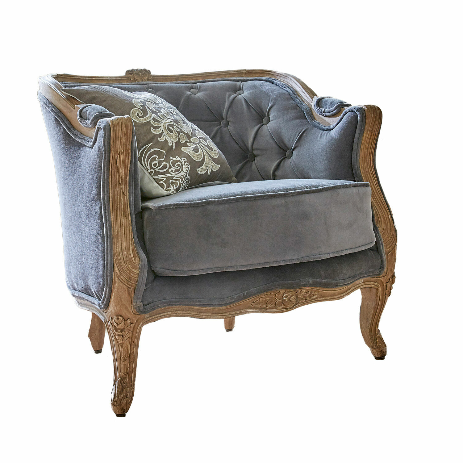 Fauteuil Annezay Fauteuil en velours gris avec cadre en bois sculpté style vintage pour salon élégant