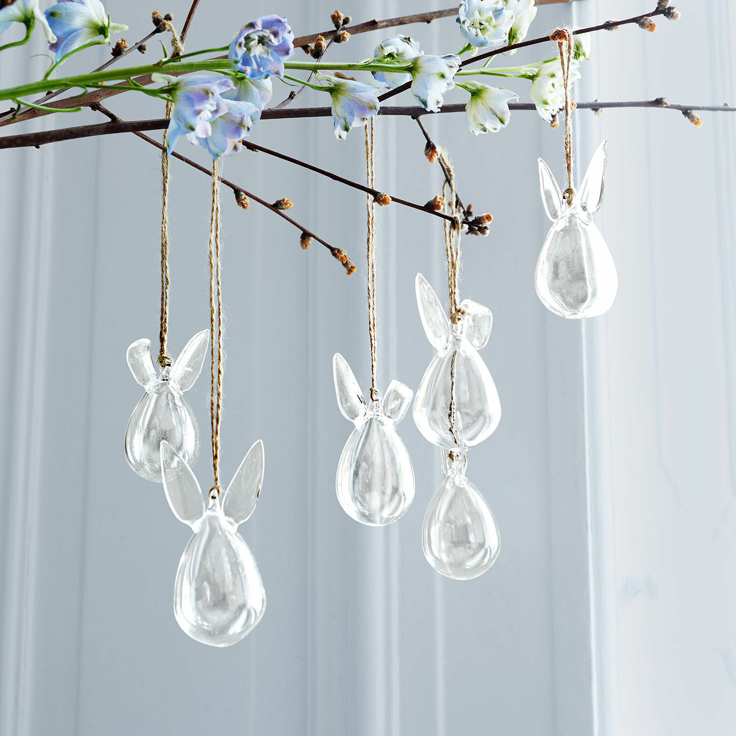 Lot de 6 pendentifs Suva Suspensions en verre transparent en forme de têtes de lapin sur ficelle, décoration printanière