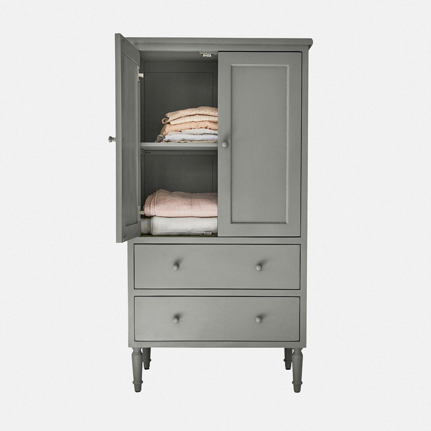 Armoire en bois vert olive avec deux tiroirs et étagères pour linge, meuble de rangement pratique