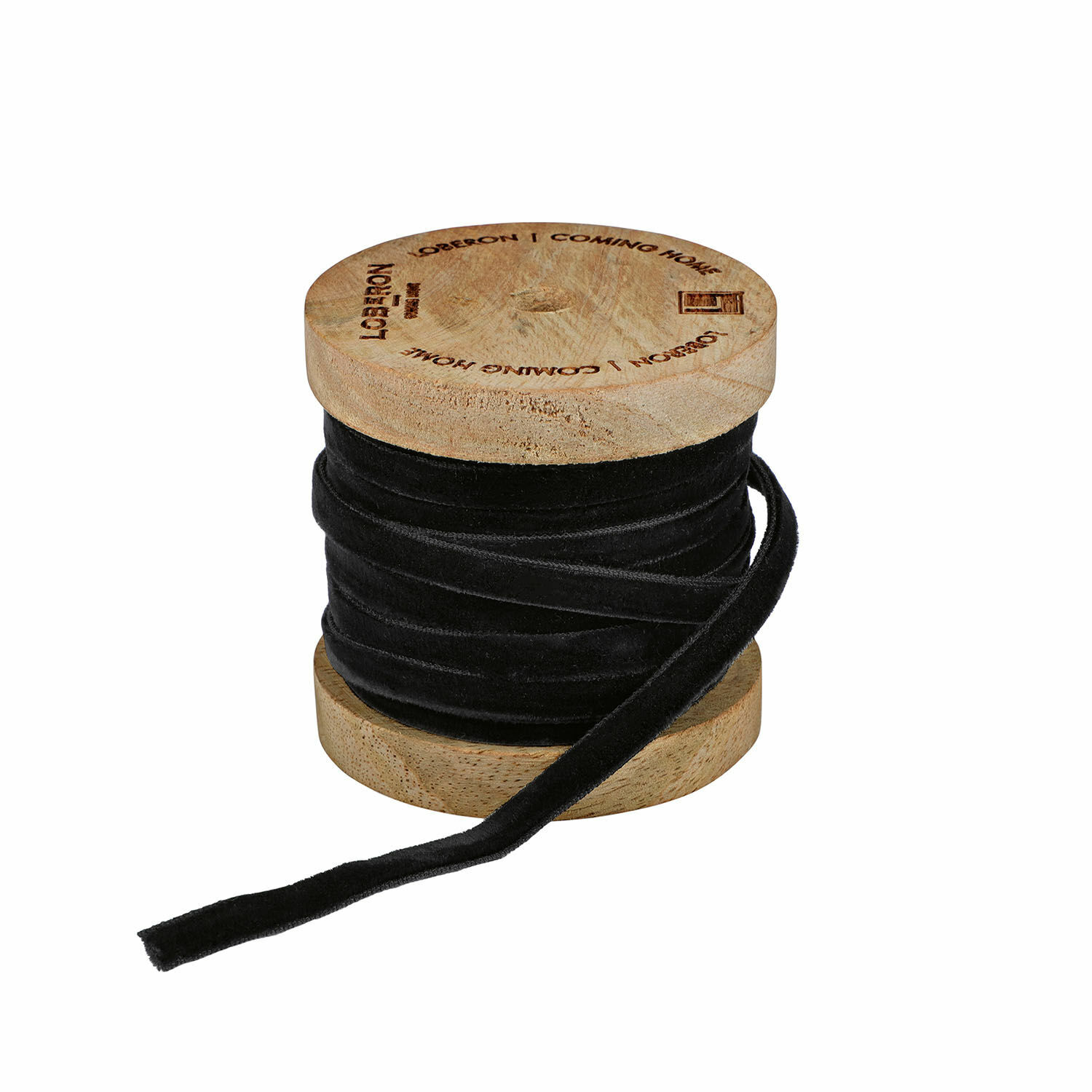 Ruban de velours Olessa Ruban en velours noir enroulé sur une bobine en bois pour décoration et artisanat