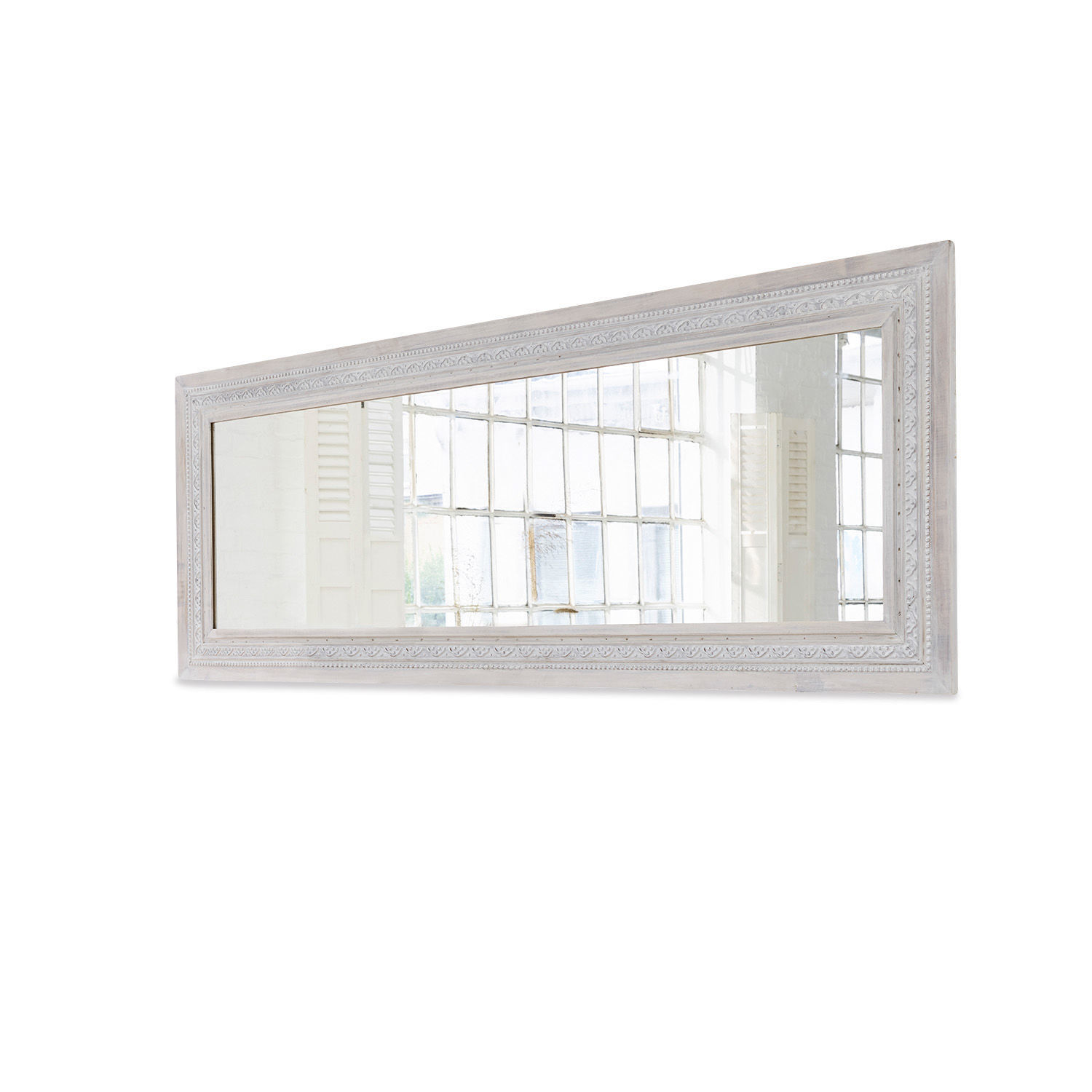 Miroir Milanu Grand miroir rectangulaire avec cadre en bois blanc orné, idéal pour la décoration murale