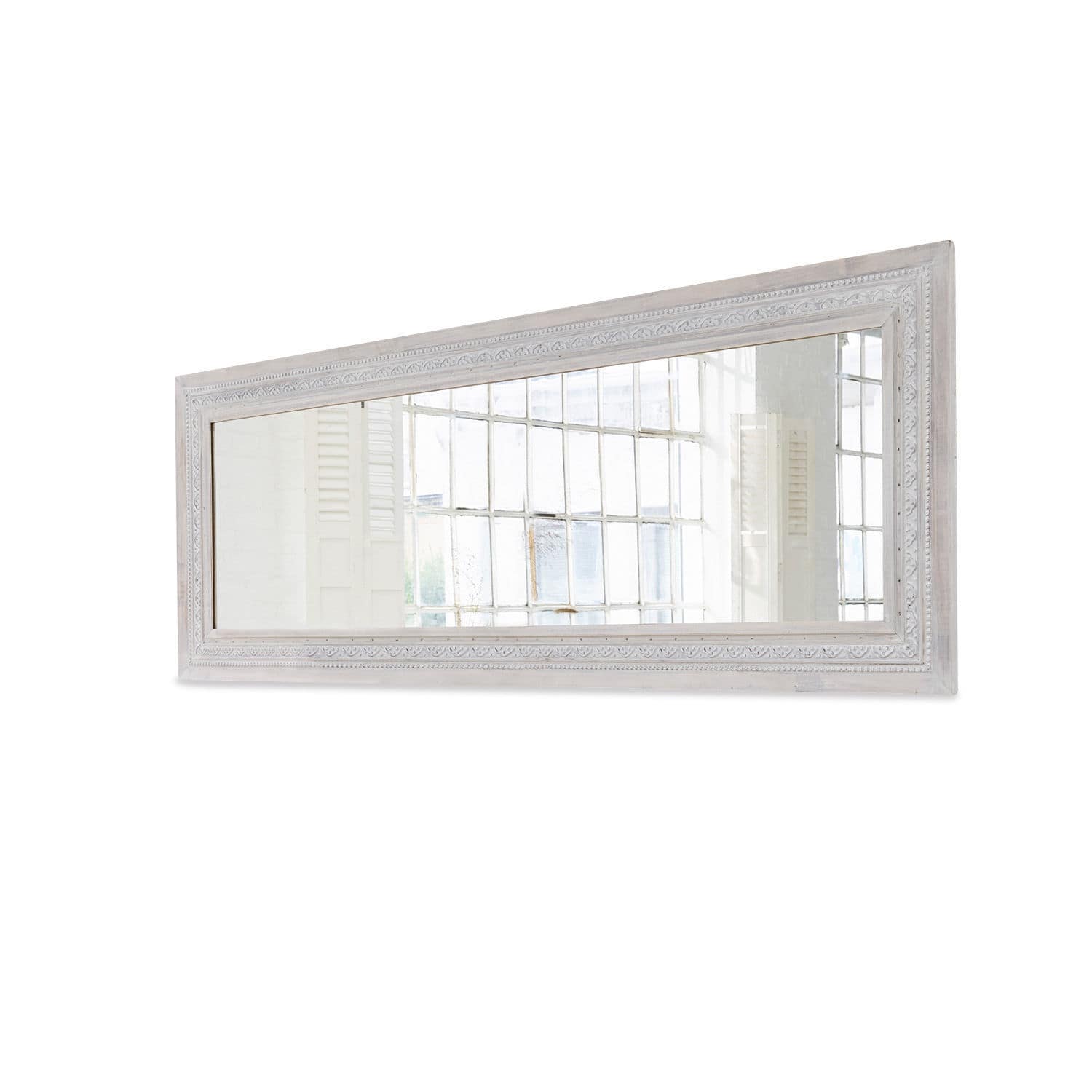 Miroir Milanu Grand miroir rectangulaire avec cadre en bois blanc orné, idéal pour la décoration murale