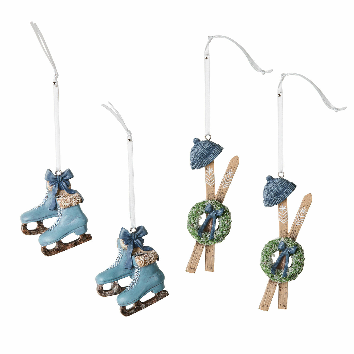 Set de 4 décorations bleues en plastique : patins et skis avec couronne pour sapin de Noël
