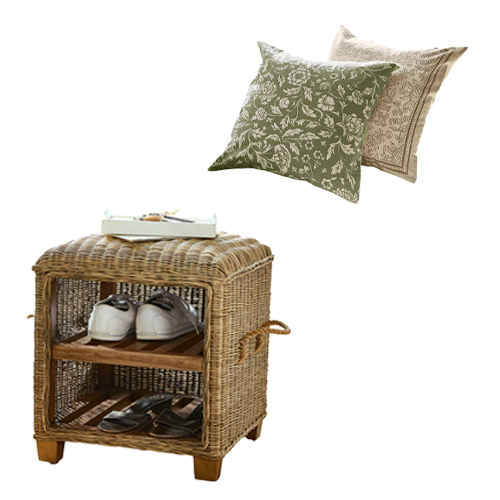 Meuble à chaussures en rotin avec deux étagères et coussins décoratifs verts et beige