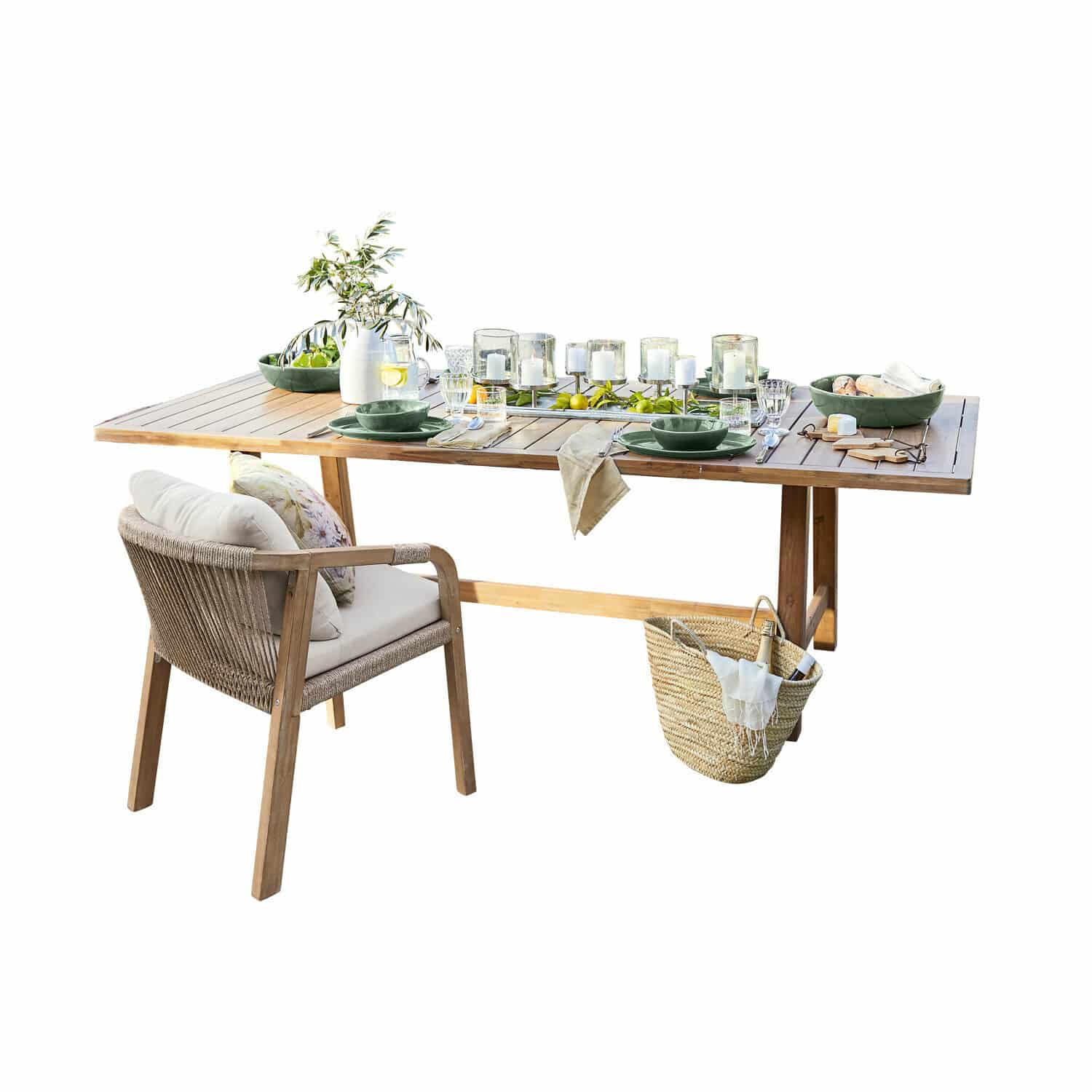Table FSC®-100% Kennedy Table de jardin en bois avec vaisselle verte et chaise rembourrée, décorations de terrasse