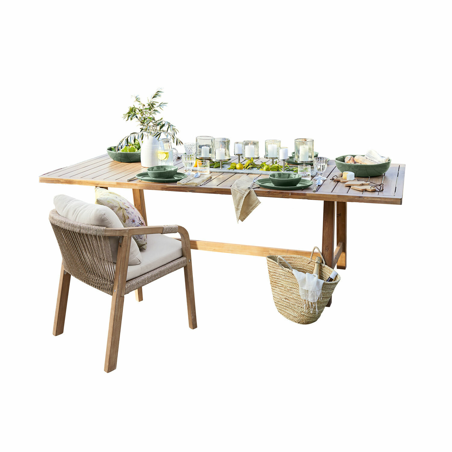 Table FSC®-100% Kennedy Table de jardin en bois avec vaisselle verte et chaise rembourrée, décorations de terrasse