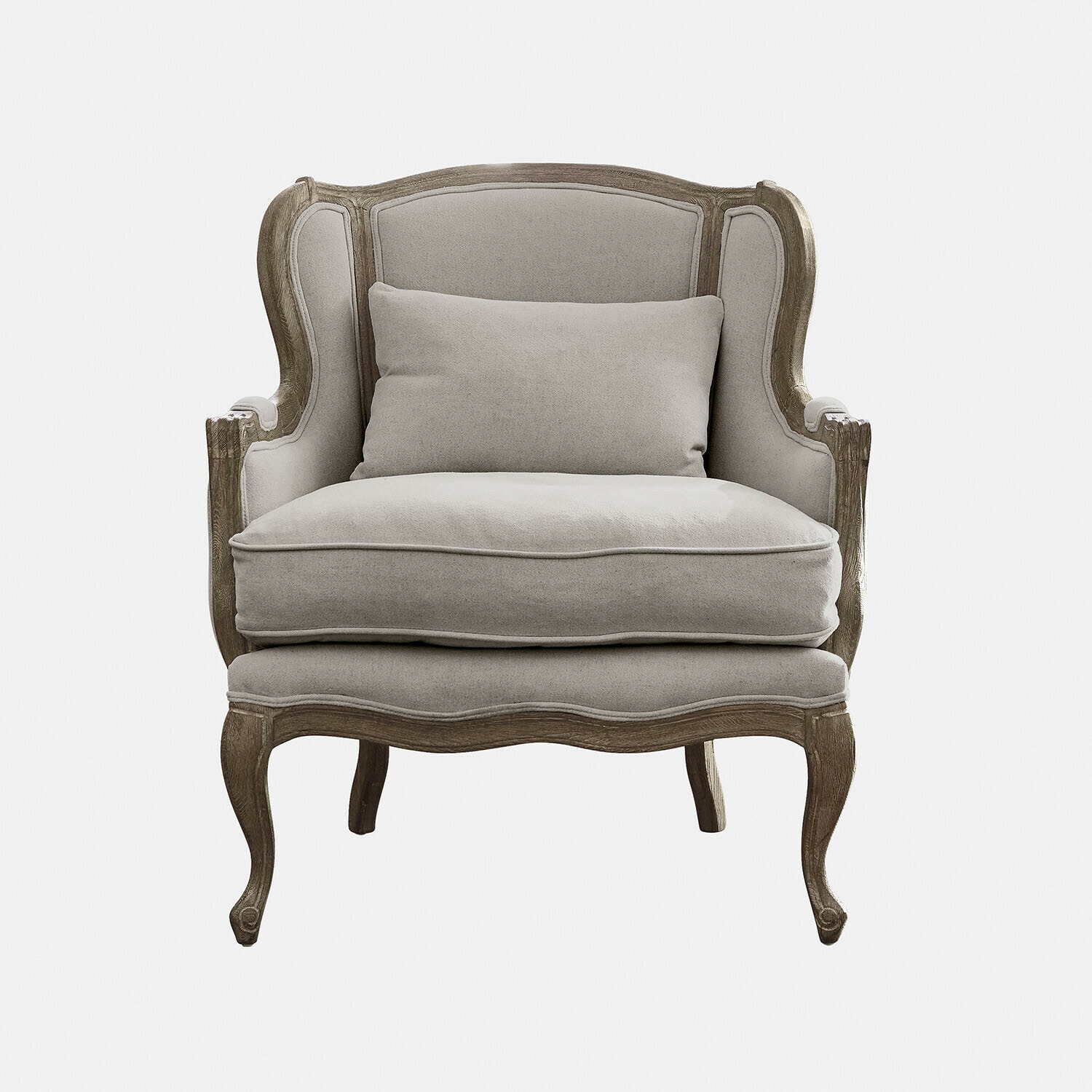 Fauteuil Kingswinford gris avec cadre en bois sculpté, style vintage pour salon