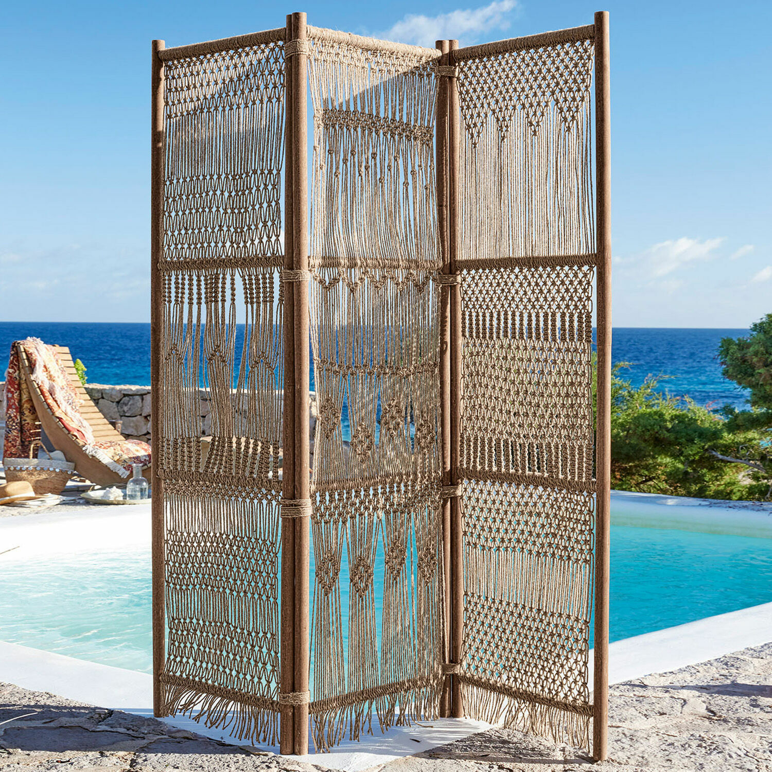 Paravent Tarik Paravent en corde naturelle et bois beige, parfait pour jardin et terrasse extérieur