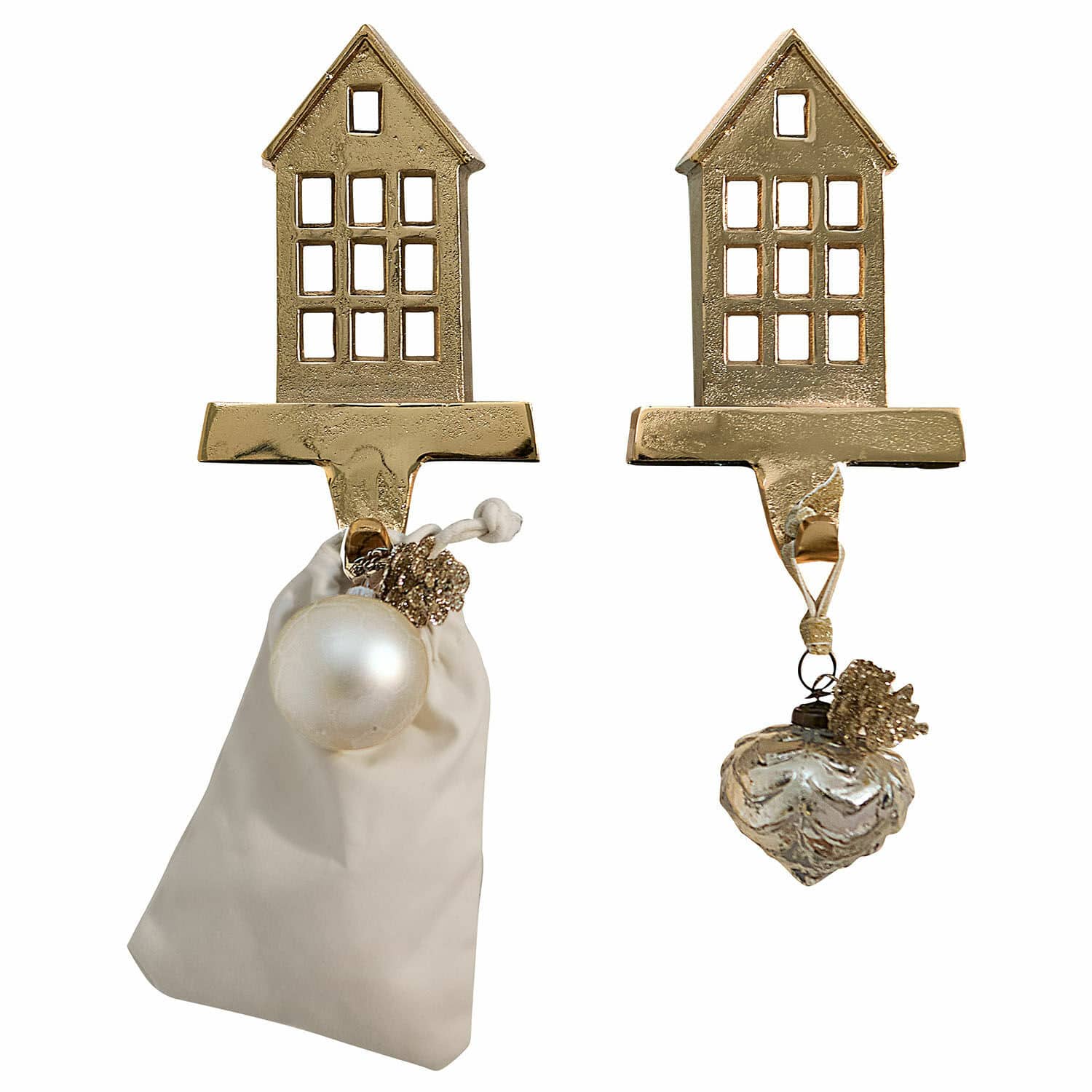 Lot de 2 patères Xanique Crochets dorés en forme de maison avec décorations de Noël et sac en tissu beige