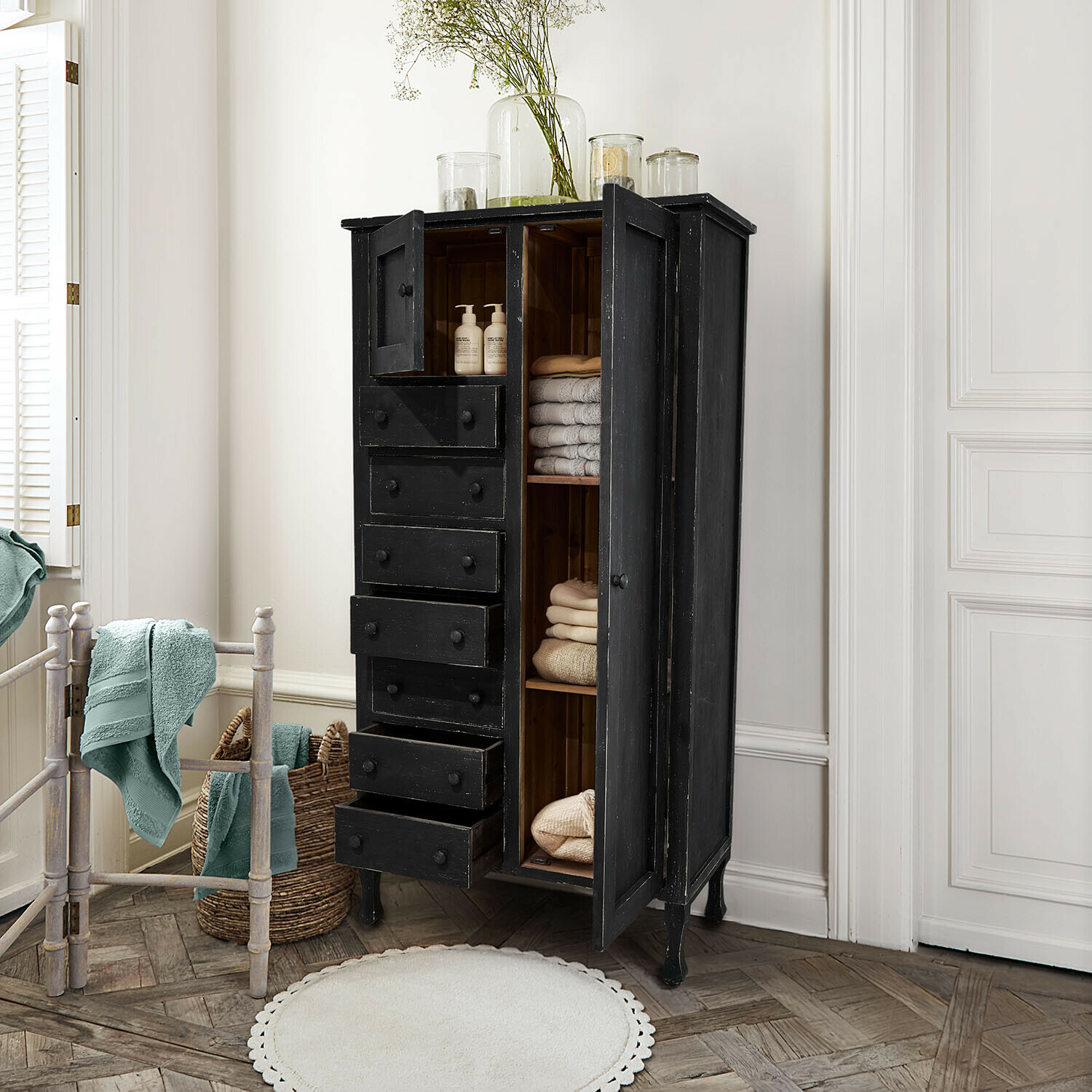 Armoire Amourien Armoire noire en bois avec tiroirs et étagères, rangement de serviettes et produits de bain