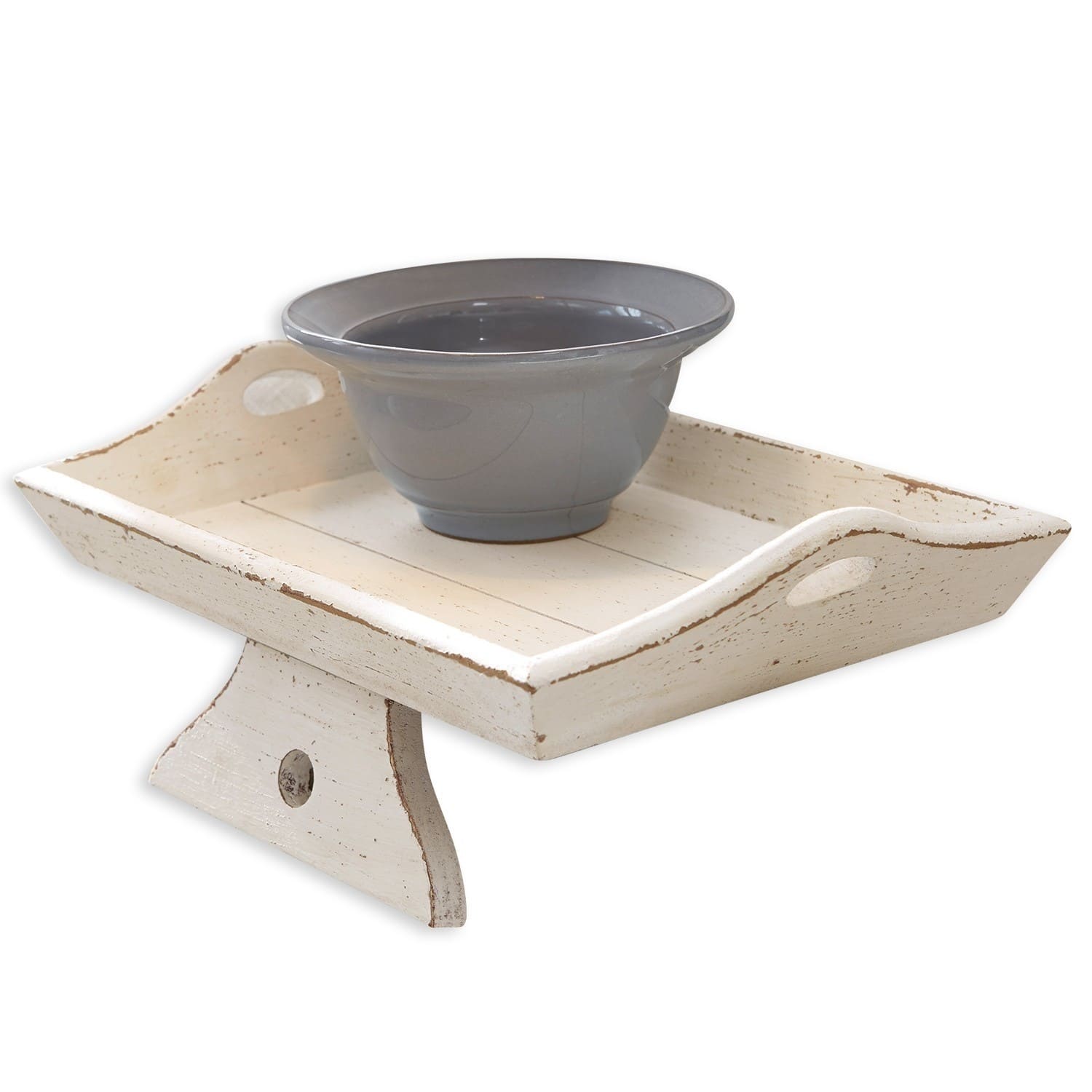 Plateau en bois blanc antique Walcott avec poignées et bol en céramique grise pour décoration et service