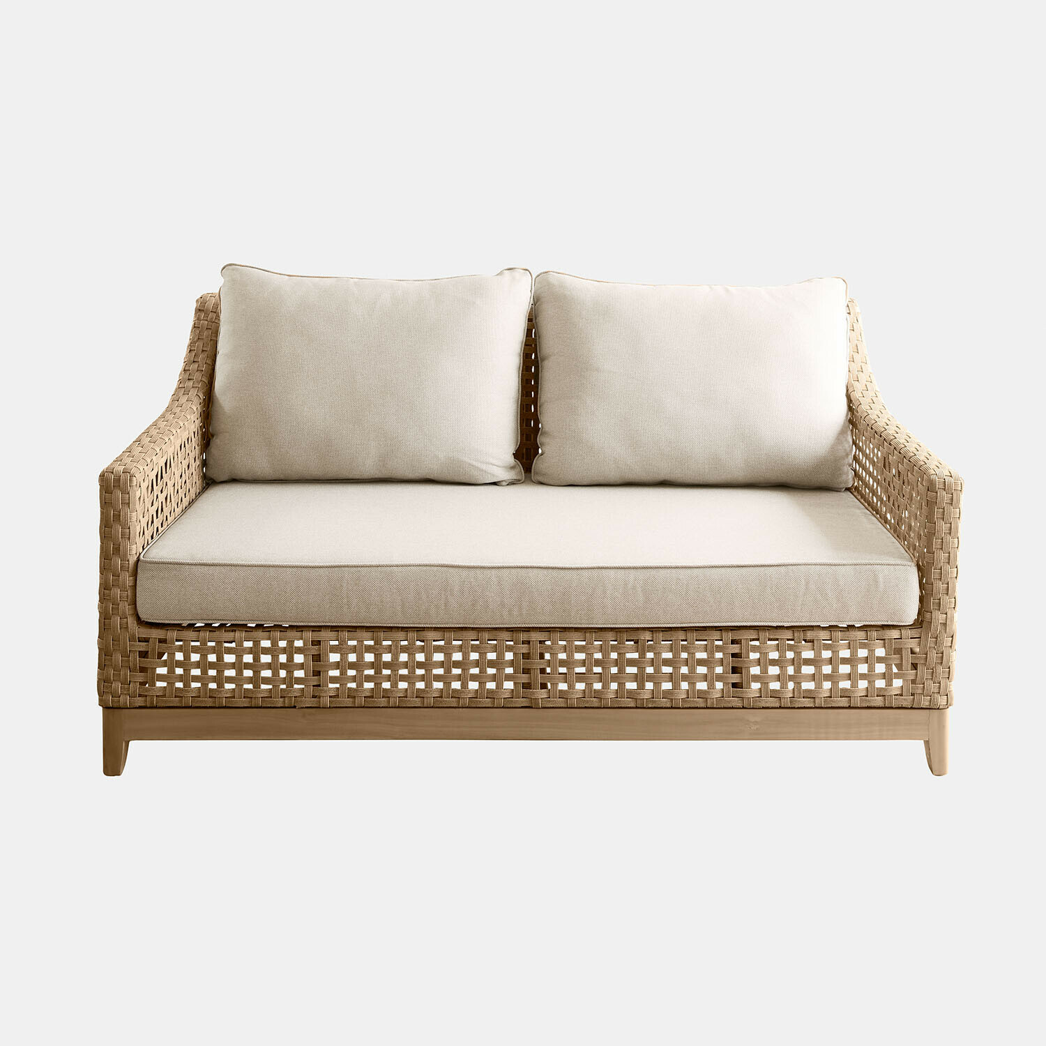 Canapé Isolara Canapé en rotin tressé avec coussins beige et base en bois, meuble confortable pour salon moderne