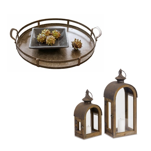 Plateau en métal et deux lanternes vintage marron pour décoration intérieure rustique