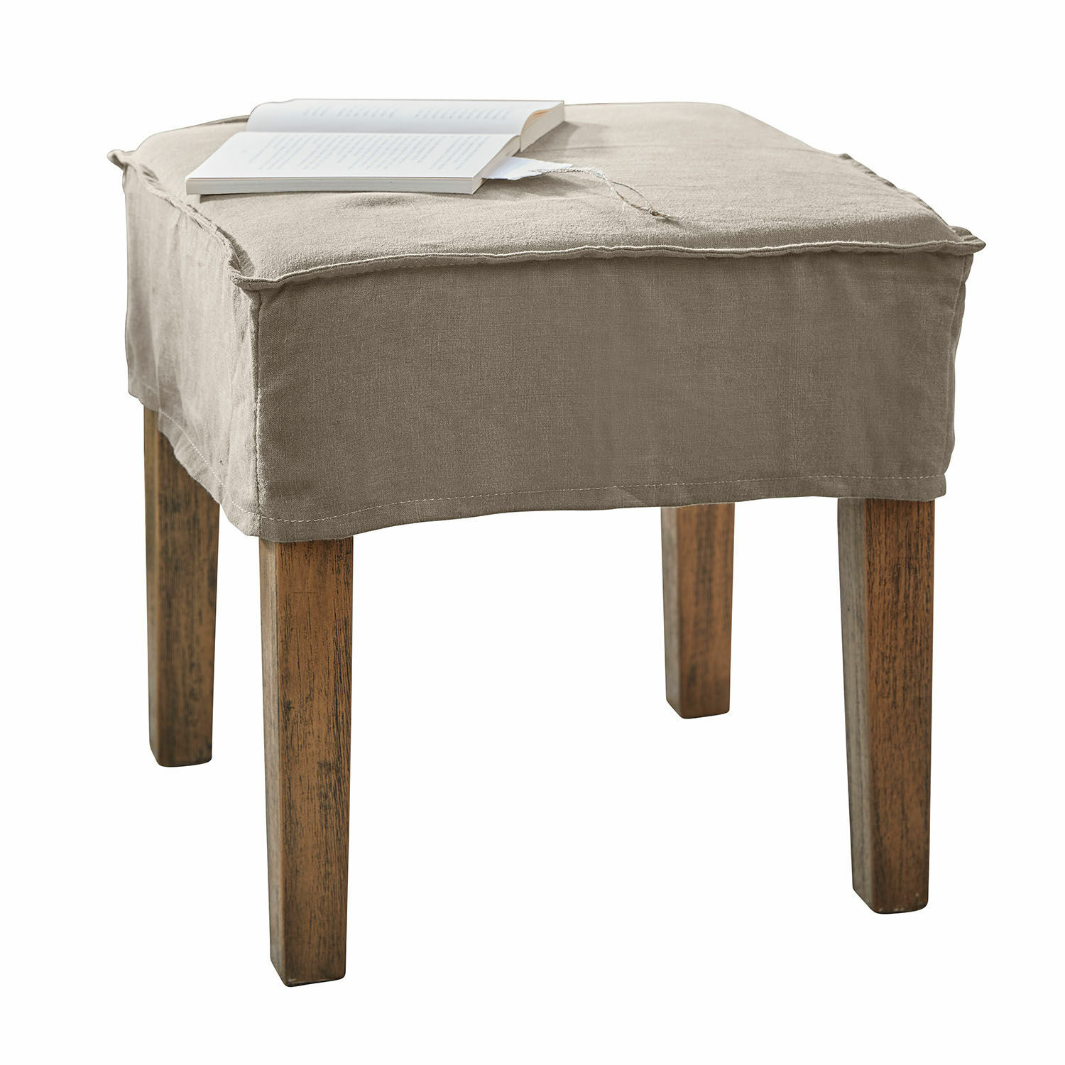 Tabouret Vionnique Tabouret beige avec housse en lin et pieds en bois, meuble d'appoint pour salon ou chambre