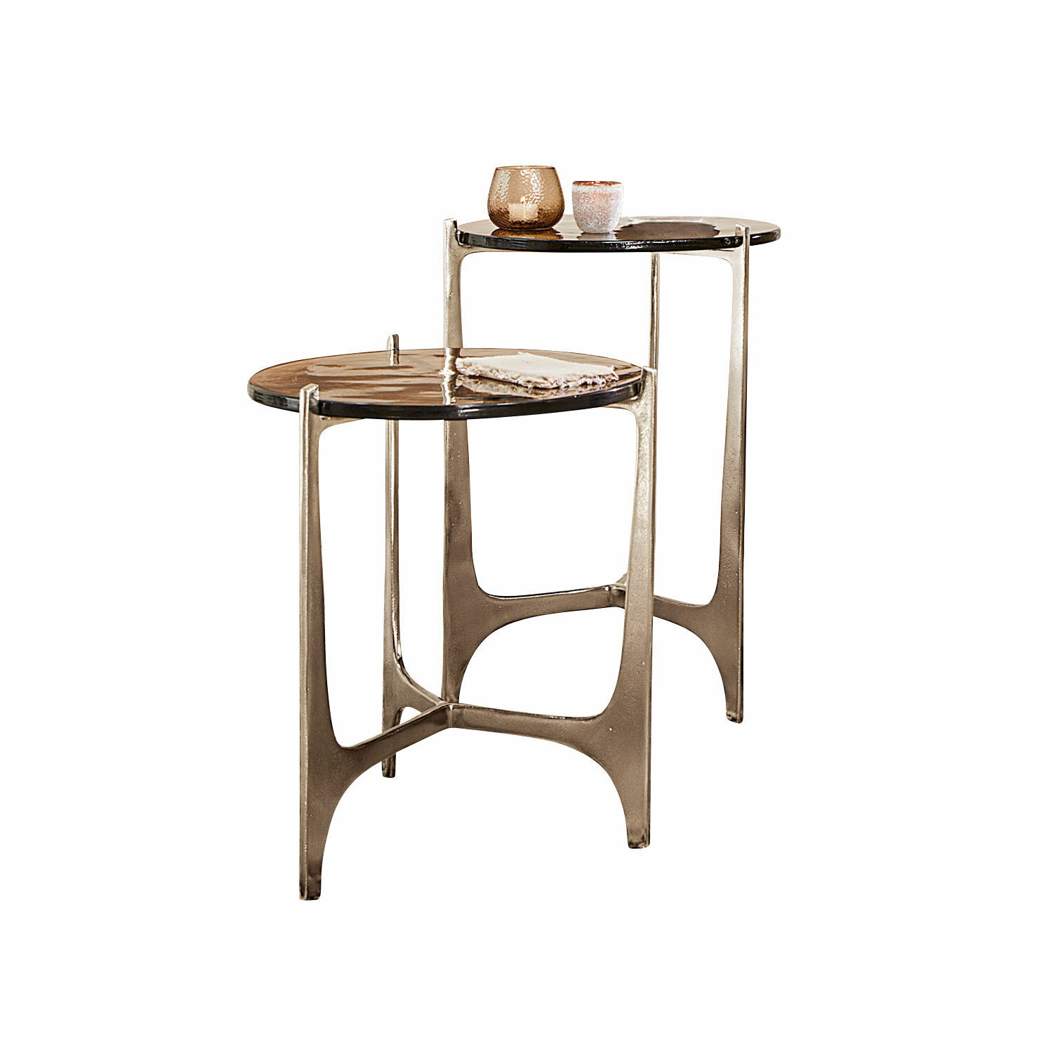 Lot de 2 tables d’appoint Jouvènne Ensemble de deux tables d'appoint rondes avec cadre en métal et plateaux en marbre marron