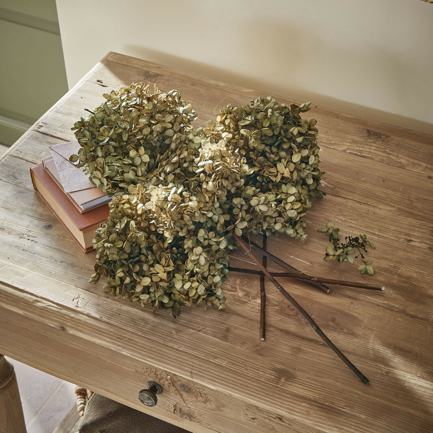 Fleurs séchées d'hortensia beige posées sur une table en bois avec des livres et une enveloppe