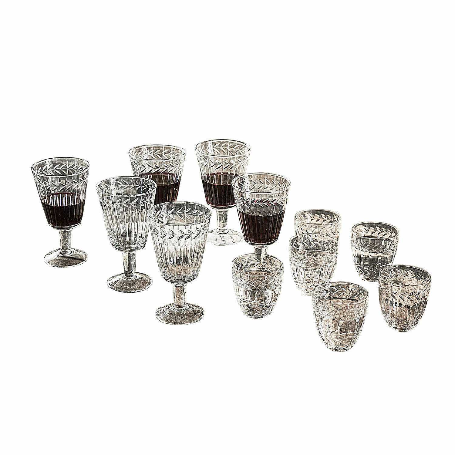 Lot de 12 verres Padiès Ensemble de verres en cristal gravés de feuilles pour vin et liqueur, verre transparent élégant