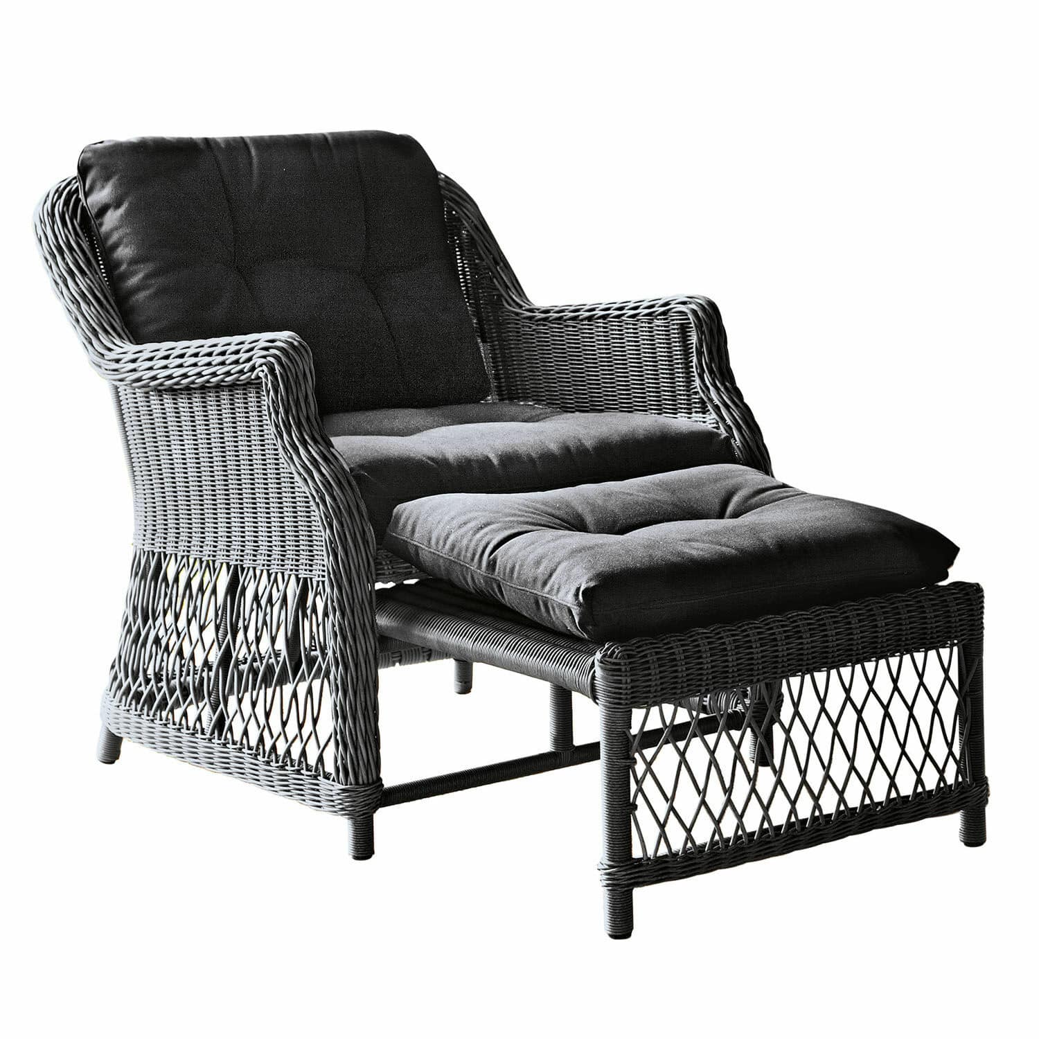 Fauteuil Howe Fauteuil en rotin gris avec repose-pieds et coussins gris foncé pour un confort optimal à la maison