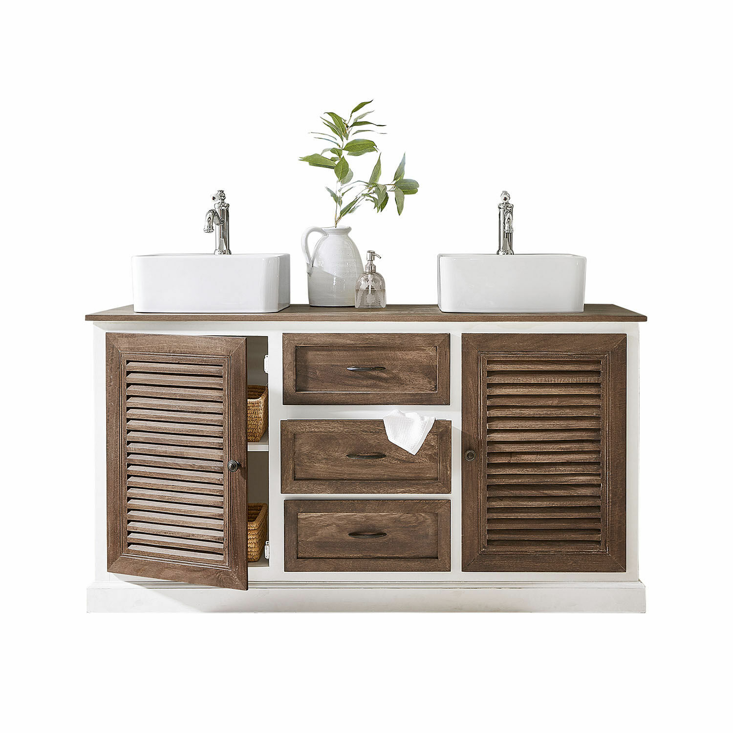 Meuble de salle de bain en bois avec plan blanc, deux vasques en céramique et plante décorative