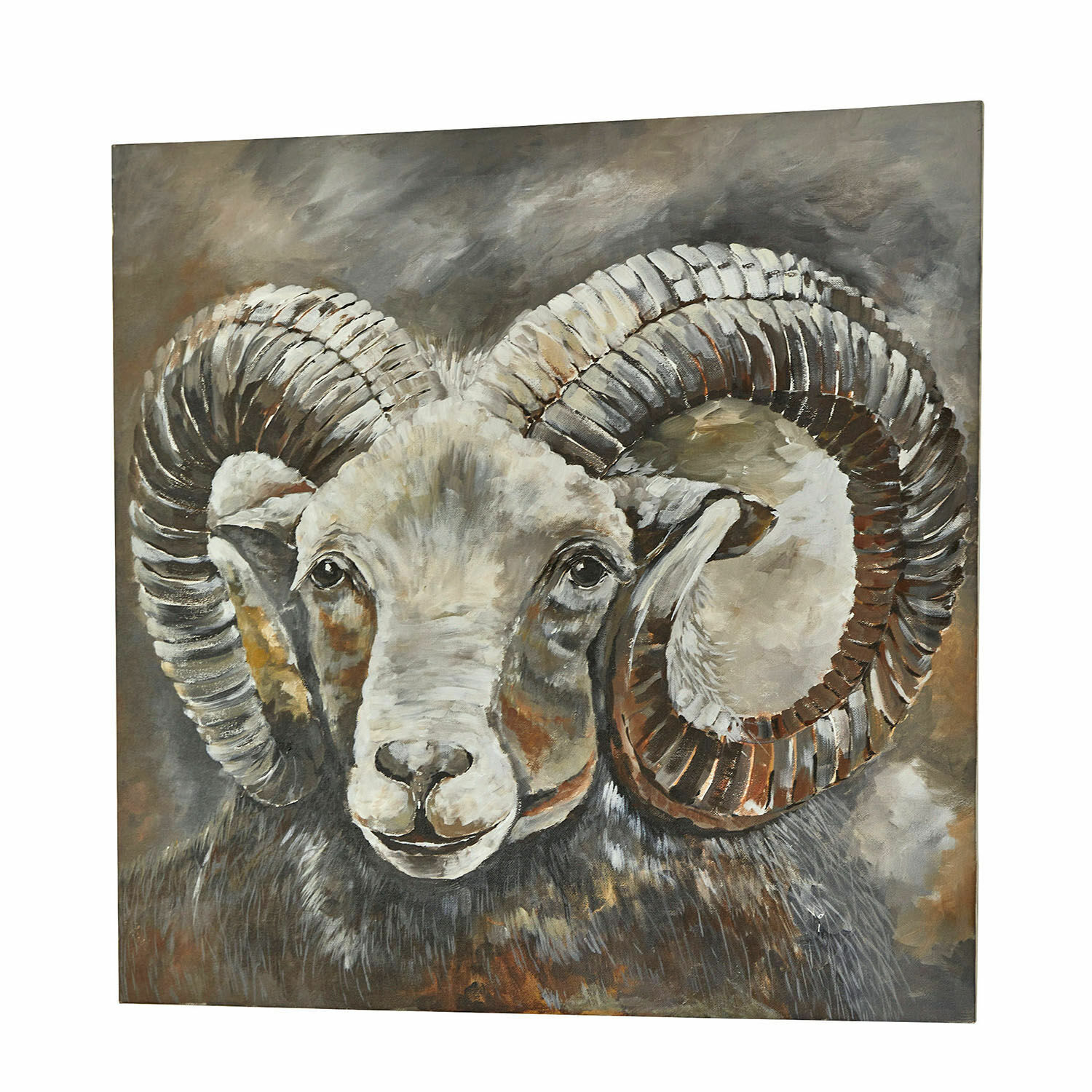 Tableau Nahant Peinture d'un bélier aux grandes cornes en spirale dans des tons bruns et gris