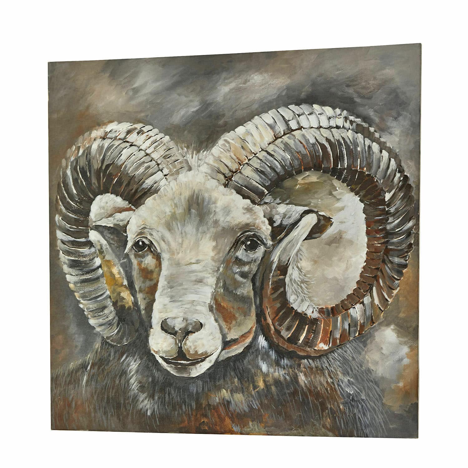 Tableau Nahant Peinture d'un bélier aux grandes cornes en spirale dans des tons bruns et gris
