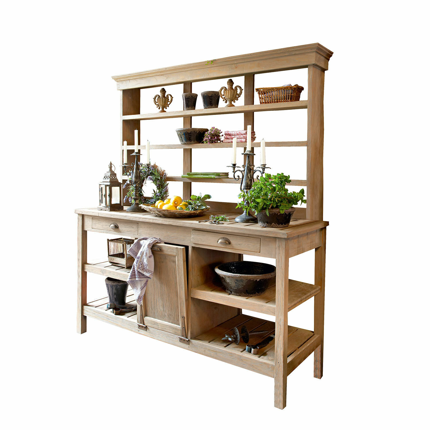 Buffet de jardinage Fallon Buffet en bois naturel avec étagères et tiroirs pour rangement et décoration intérieure