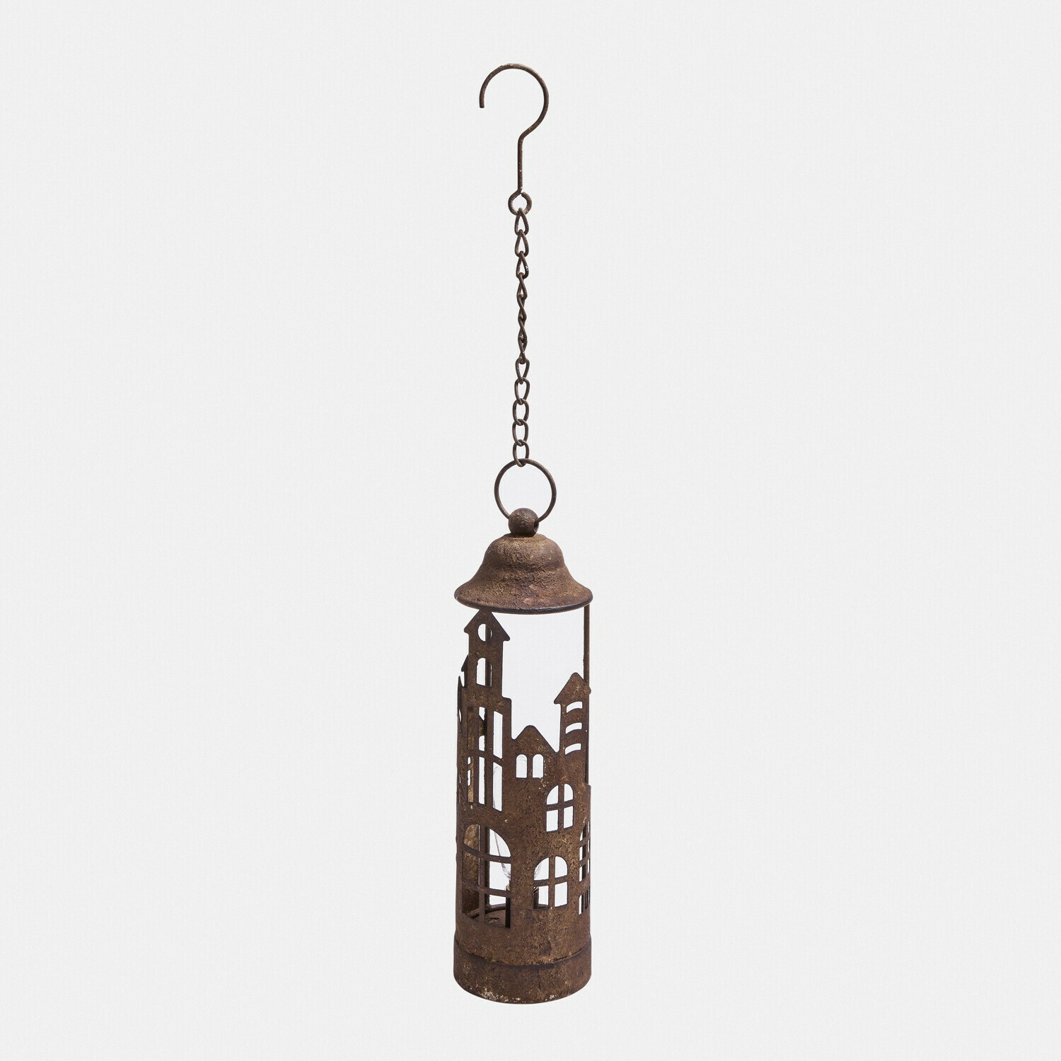 Lanterne LED en fer Vessper Décoration suspendue en métal rouillé avec motif de ville, ornement de jardin avec chaîne