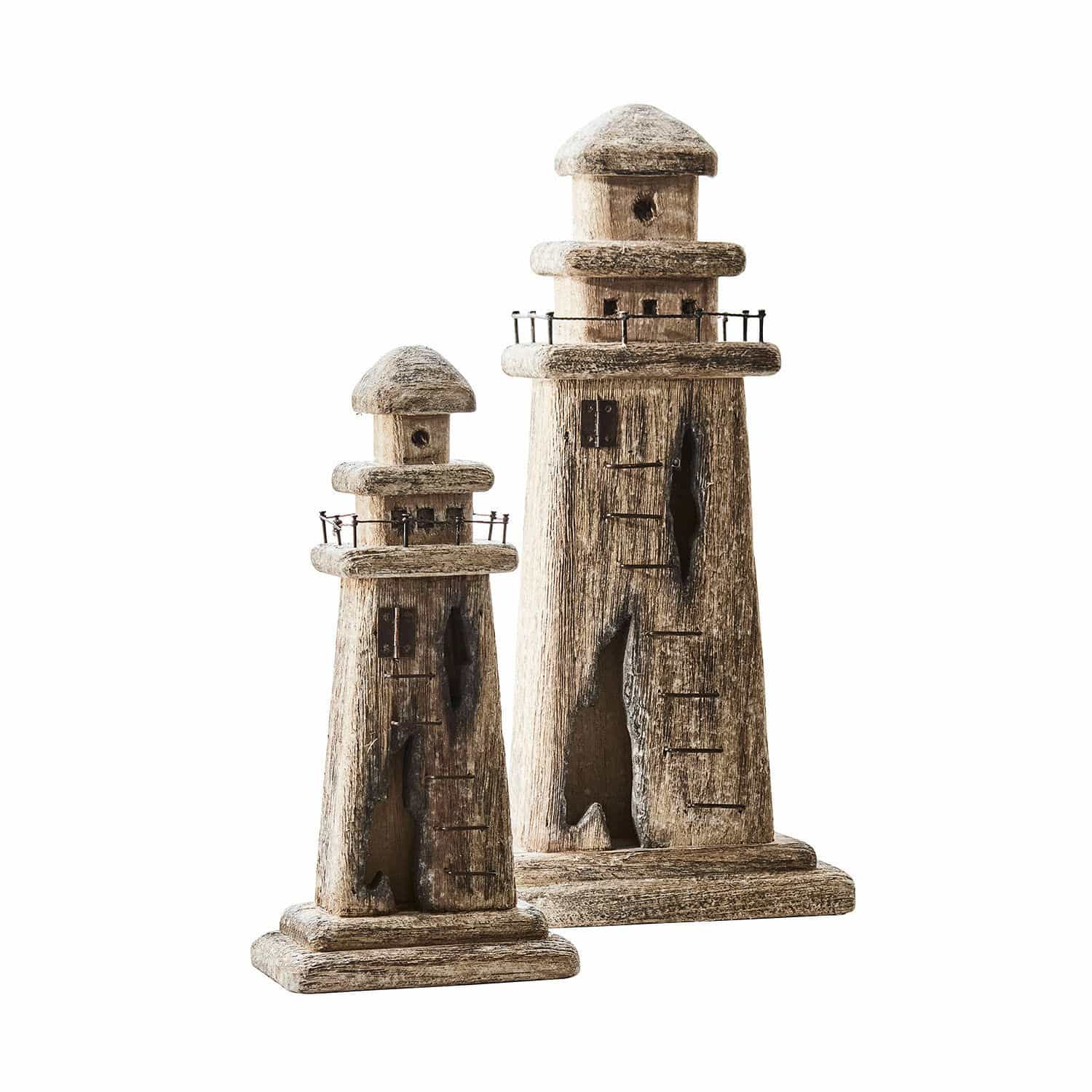 Lot de 2 phares décoratifs Bourgneuf Deux phares décoratifs en bois brun naturel, tailles différentes, décoration intérieure et extérieure