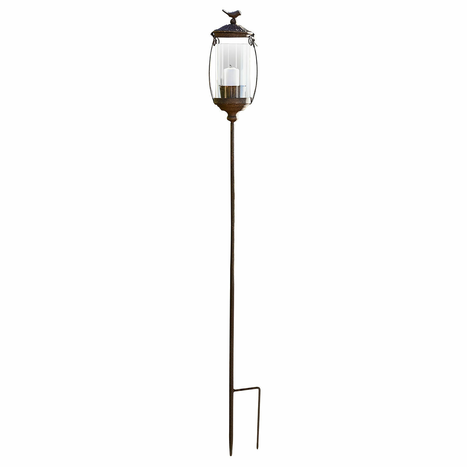 Lanterne Nexoril Lanterne de jardin en métal brun avec verre transparent et bougie blanche, piquet pour extérieur