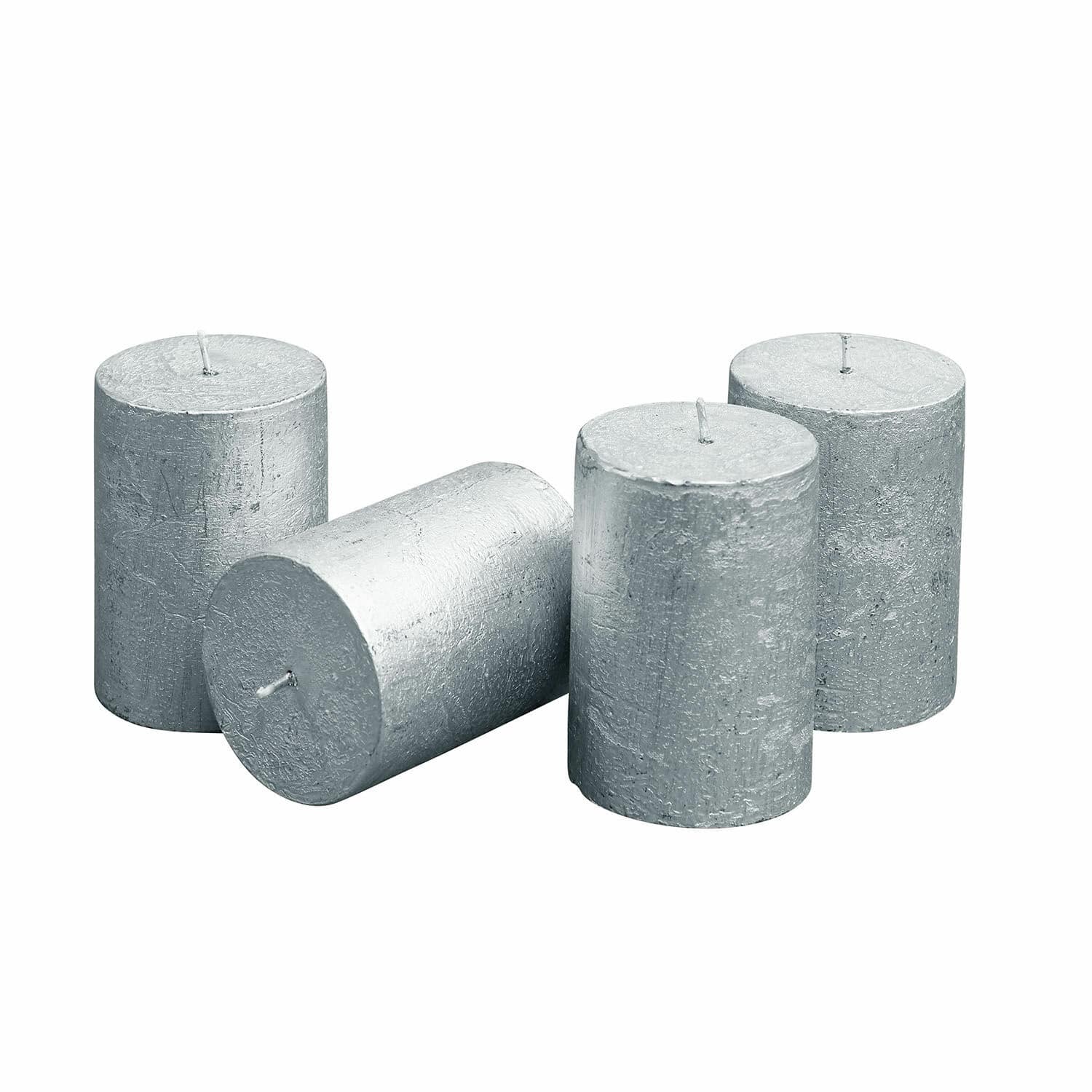 Lot de 4 bougies Virrans Ensemble de quatre bougies cylindriques argentées avec surface texturée pour décoration intérieure