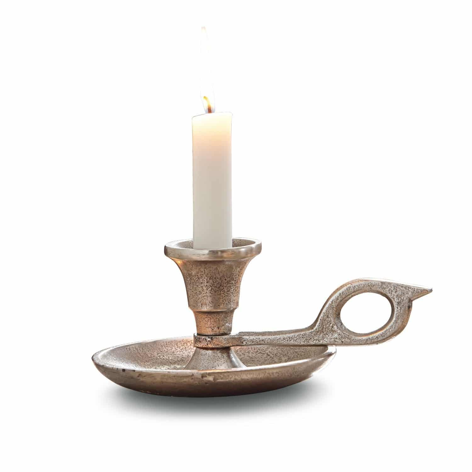 Bougeoir Aida Chandelier en métal argenté avec poignée et bougie blanche allumée
