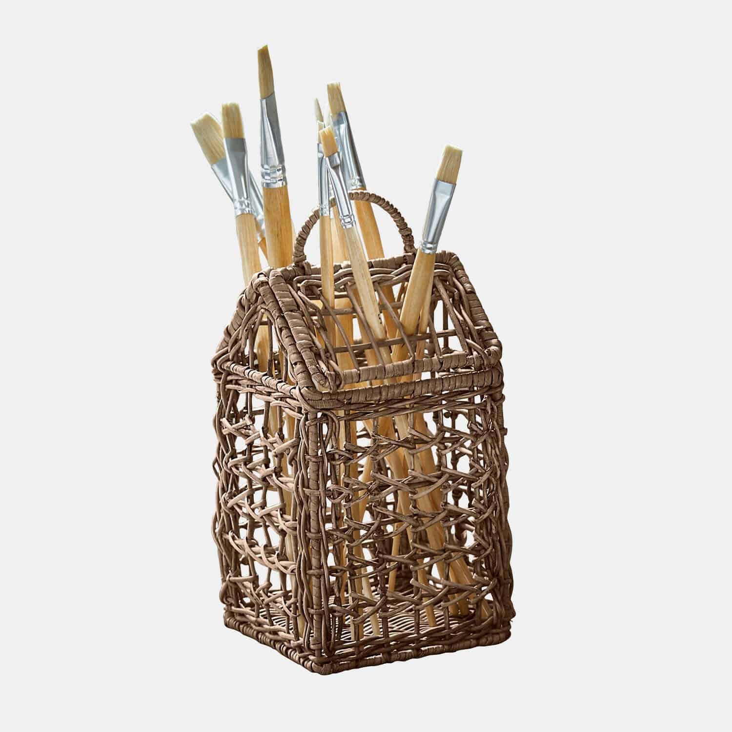 Panier Koboone Panier en osier brun en forme de maison avec pinceaux à manches en bois pour peinture