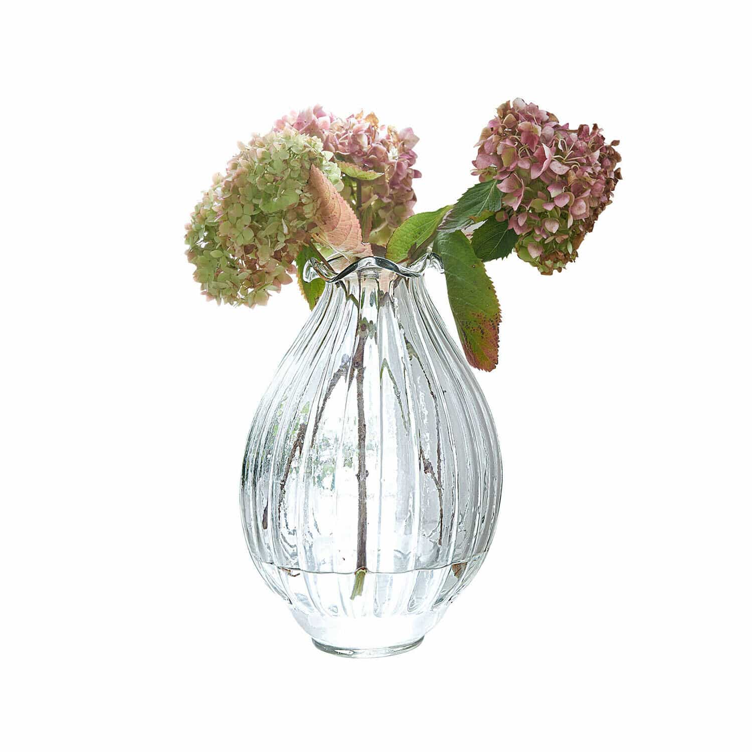 Vase Jardin Lorrain Vase en verre transparent cannelé avec fleurs d'hortensia rose et vert, décoration élégante