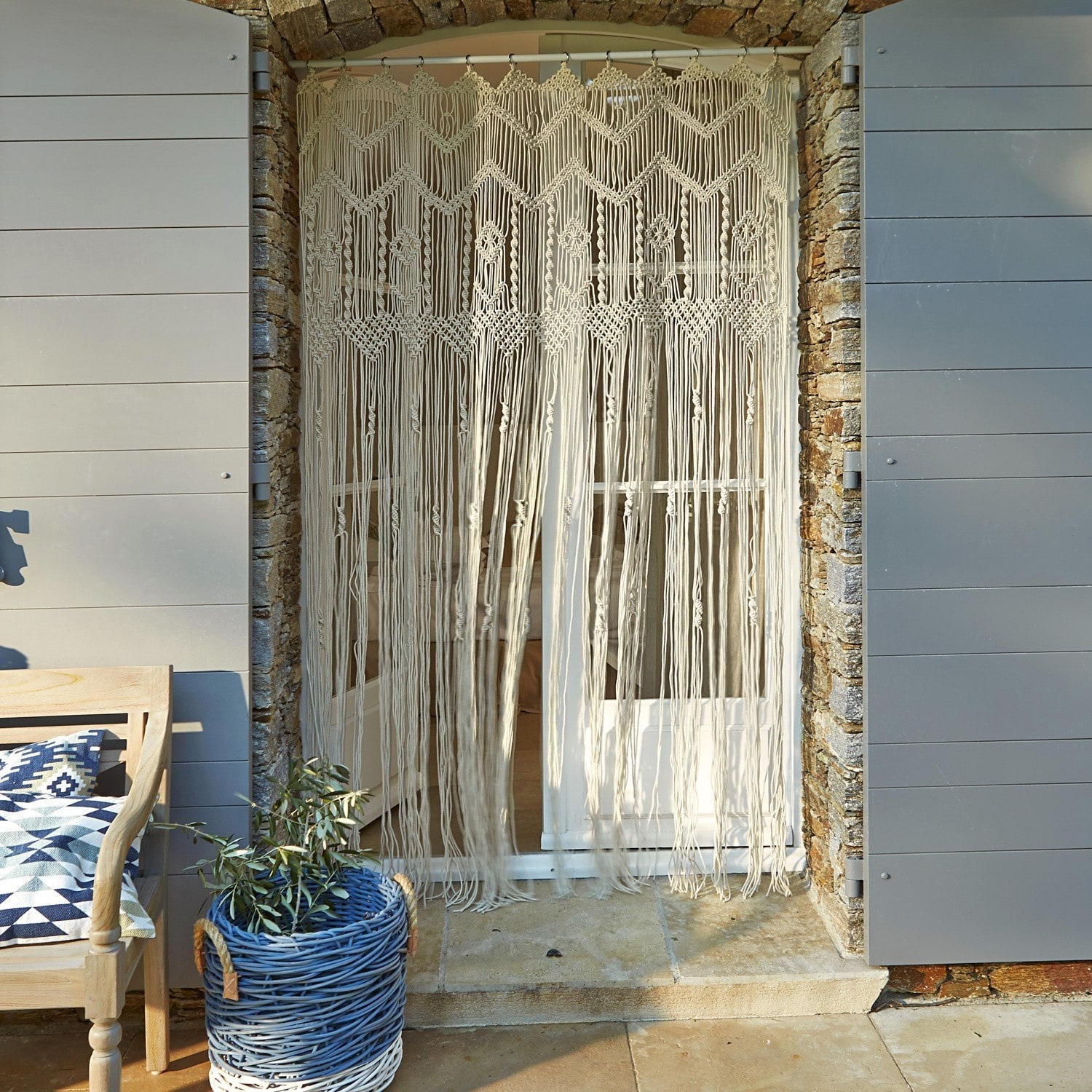 Rideau Jael Rideau en macramé beige en coton, décoration intérieure et protection solaire pour porte
