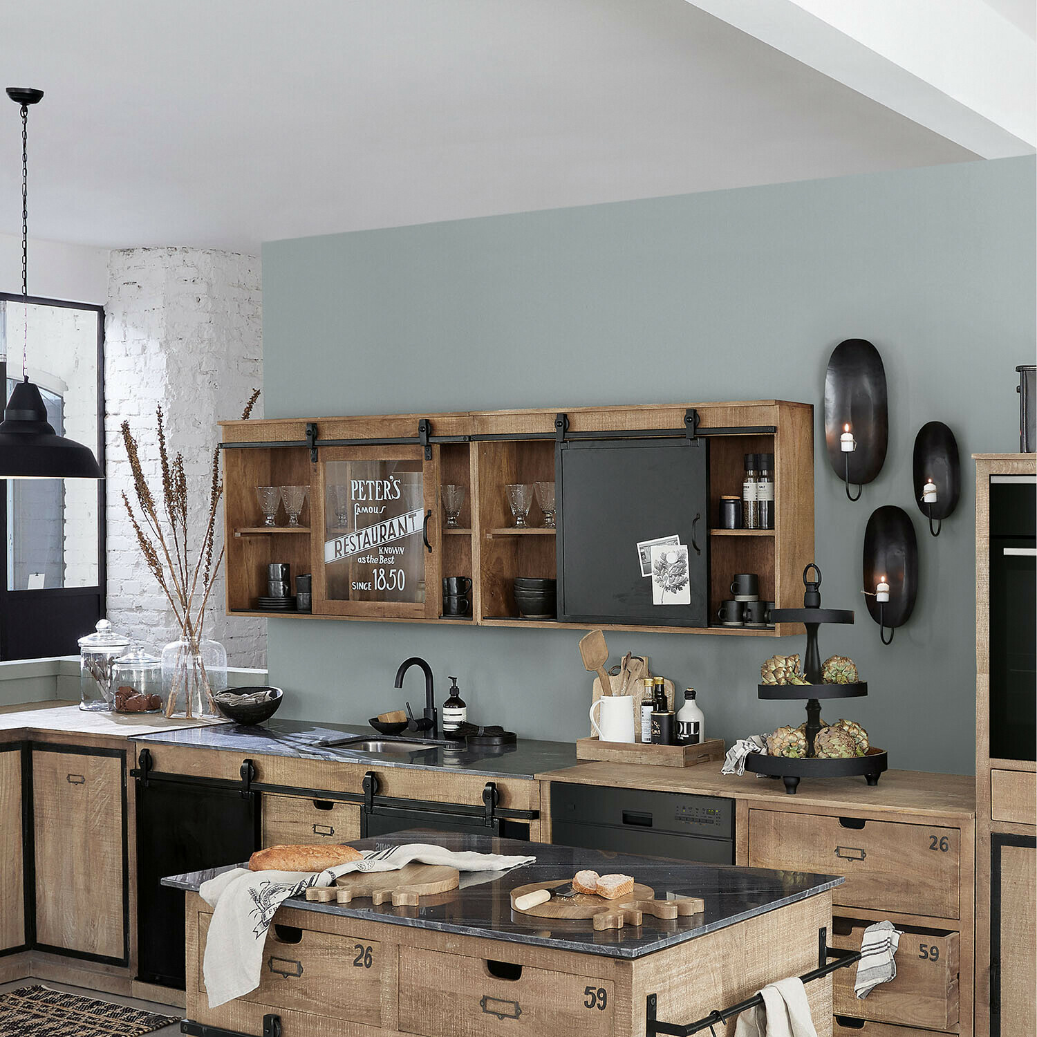 Lot de 2 meubles hauts Oakland Armoire de cuisine en bois avec portes coulissantes en verre et métal style industriel