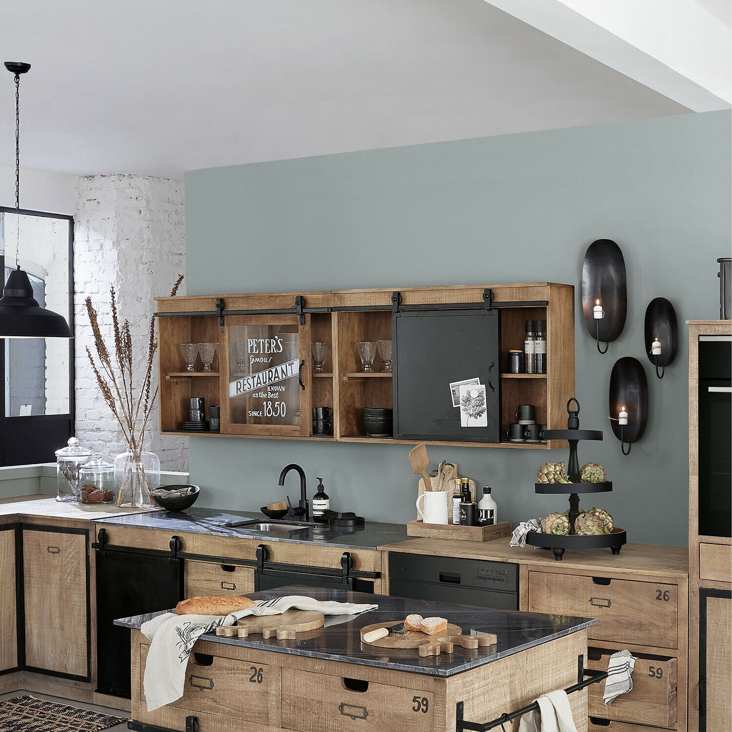 Lot de 2 meubles hauts Oakland Armoire de cuisine en bois avec portes coulissantes en verre et métal style industriel