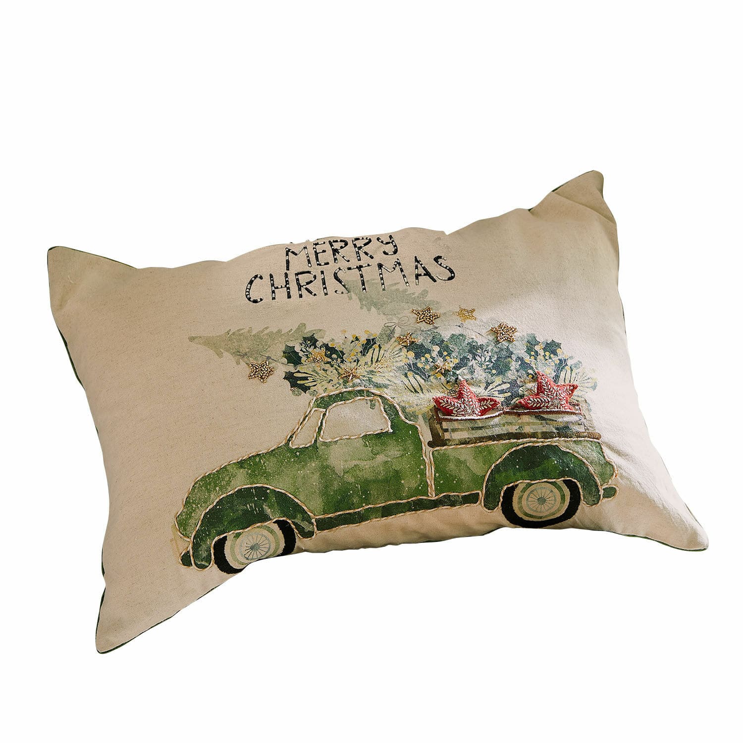 Housse de coussin Malivor Coussin beige avec illustration de voiture verte et inscription Merry Christmas, décoration textile de Noël