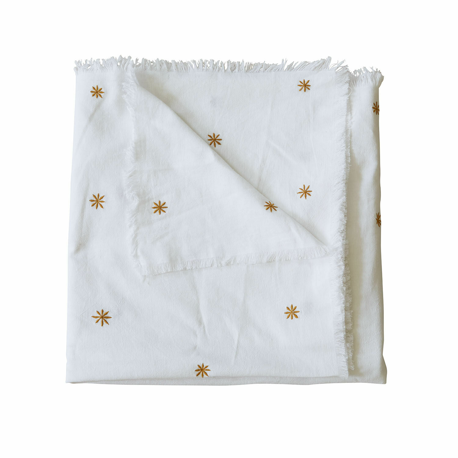 Nappe Fjalara Plaid en coton blanc avec étoiles brodées marron et franges, doux et décoratif