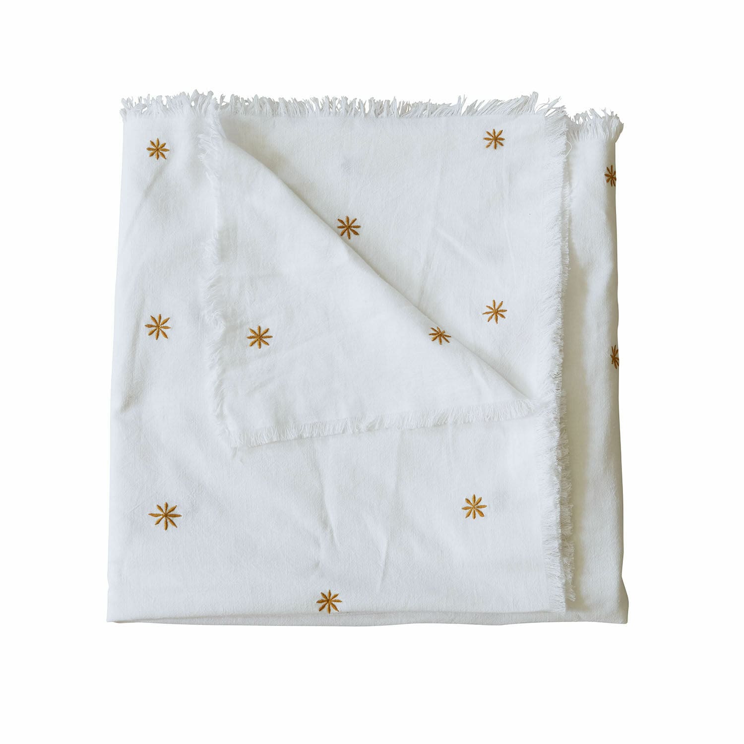 Nappe Fjalara Plaid en coton blanc avec étoiles brodées marron et franges, doux et décoratif