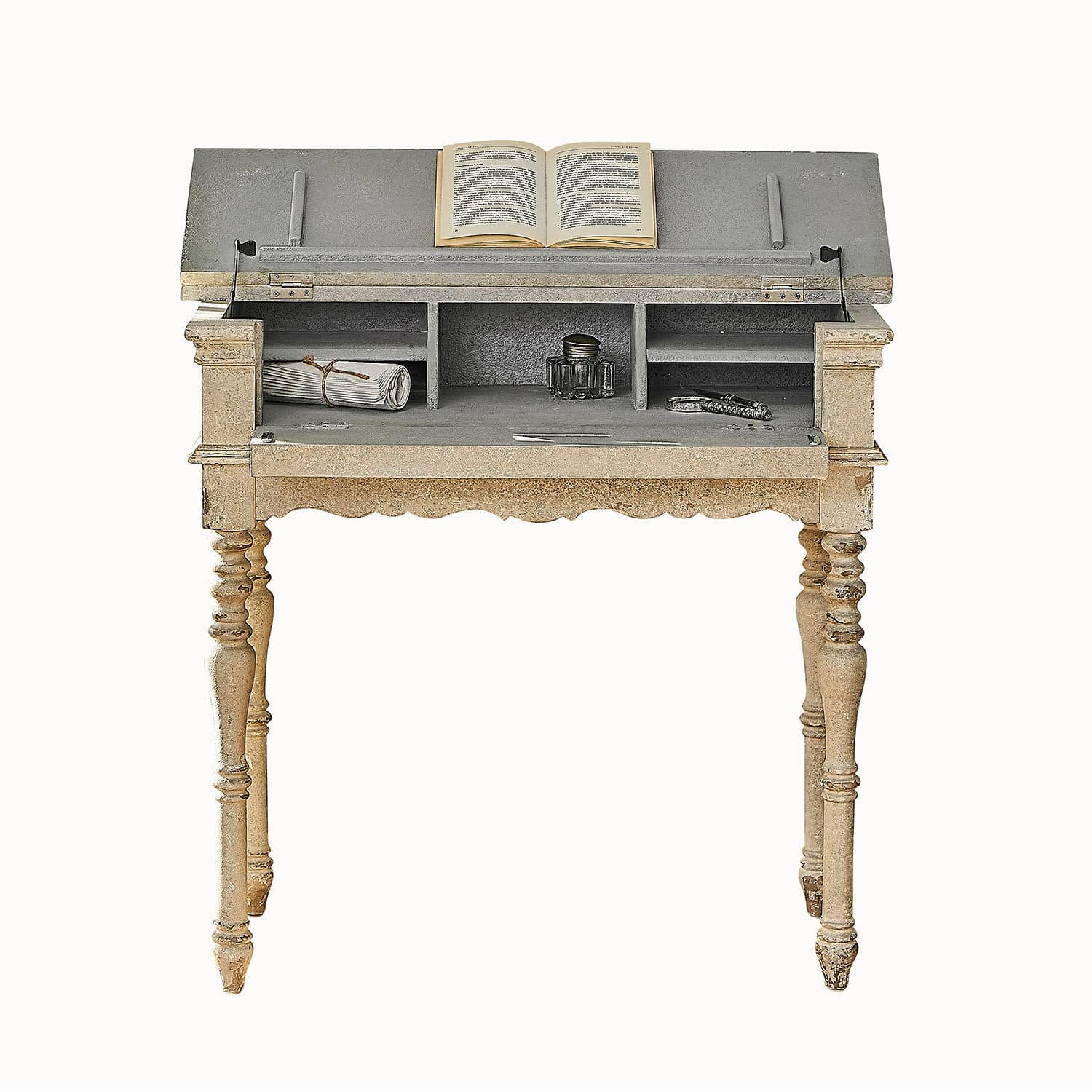 Console Arterton Bureau en bois vintage beige et gris avec plateau ouvert et livre posé dessus, style ancien