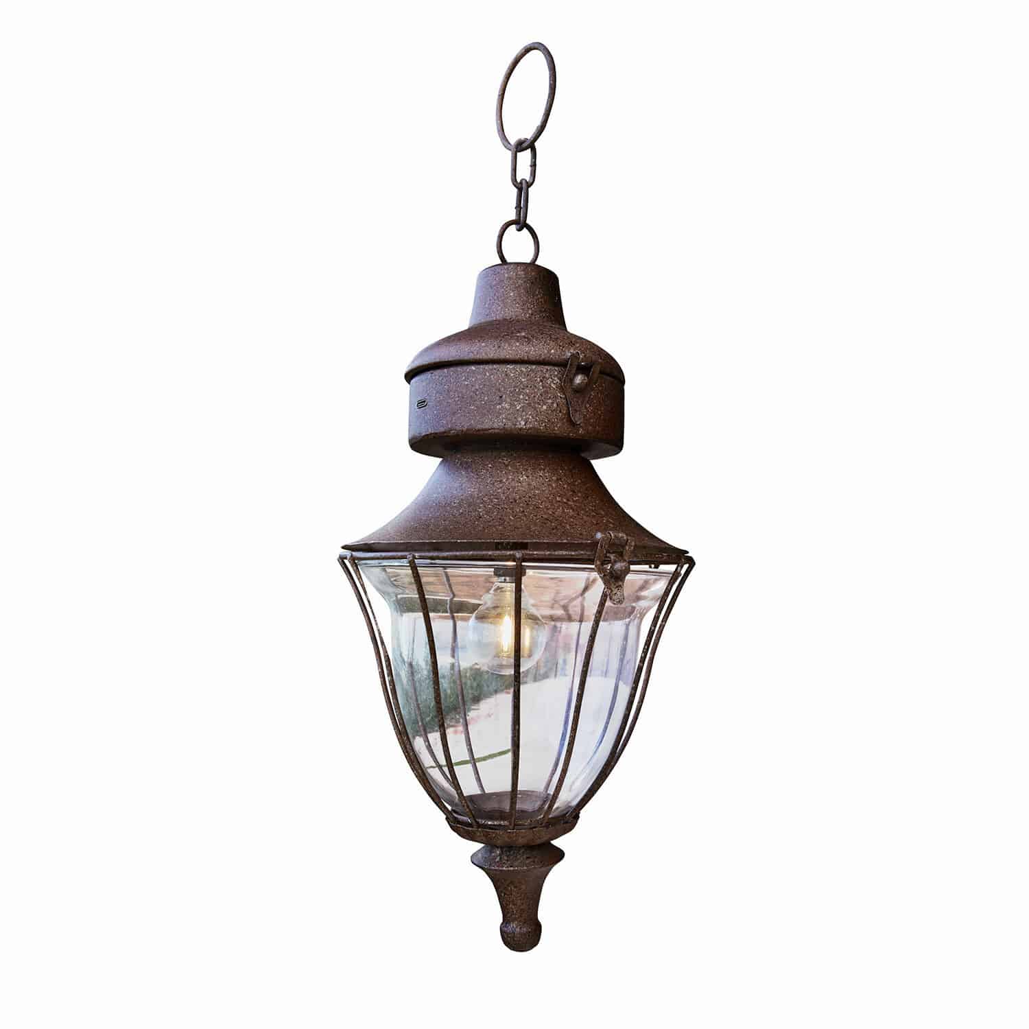 Lanterne LED rechargeable Gambier Lanterne suspendue en métal rouillé avec abat-jour transparent et ampoule, éclairage extérieur vintage