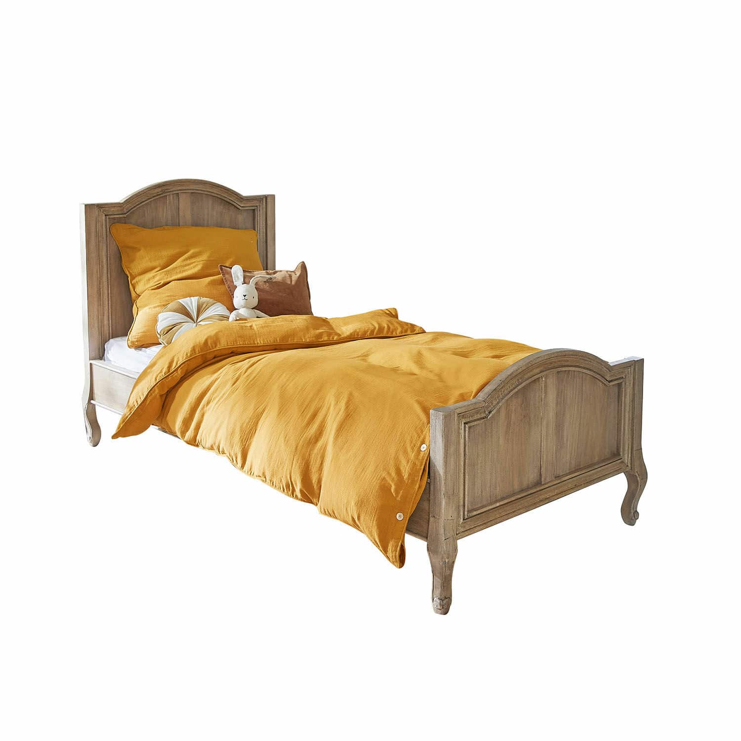 Lit Rêverine Lit en bois avec linge de lit orange et coussins doux, style rustique pour chambre à coucher